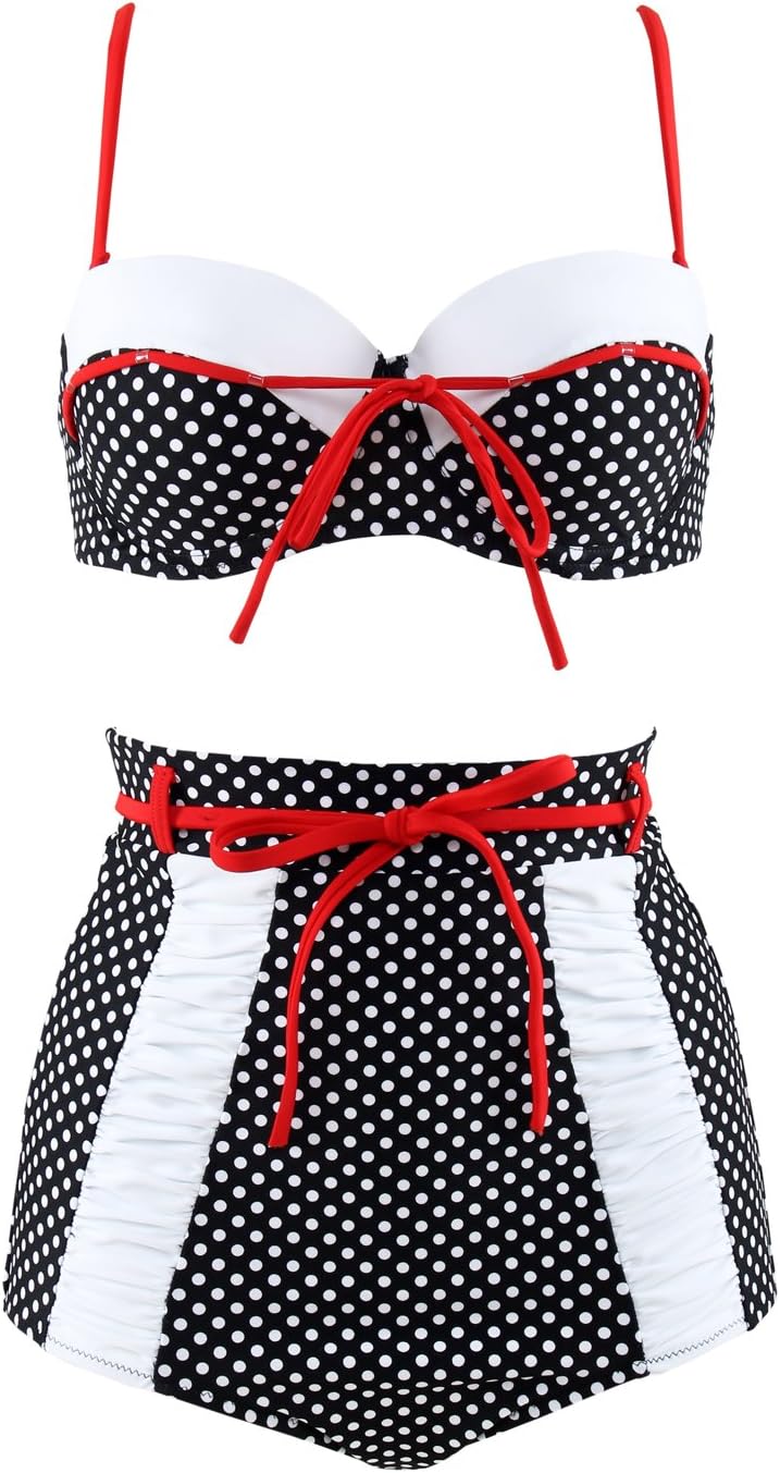 DD&MM Flora Polka Vintage High Waisted Bikini Swimsuits Swimwear Black XXXL(US12-14)