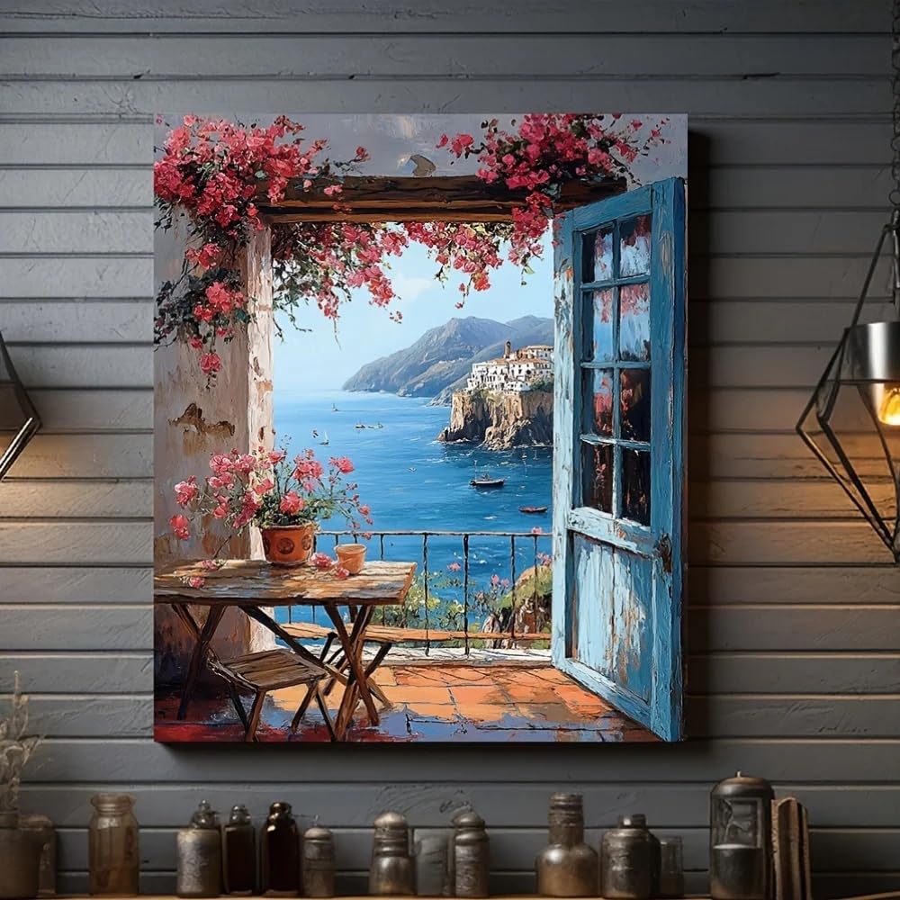GOSRD Canvas Prints Poster Mediterranean Window View Canvas Art Coast Landscape Painting, for Coastal Home Accent Office(60x80CM/Frameless)