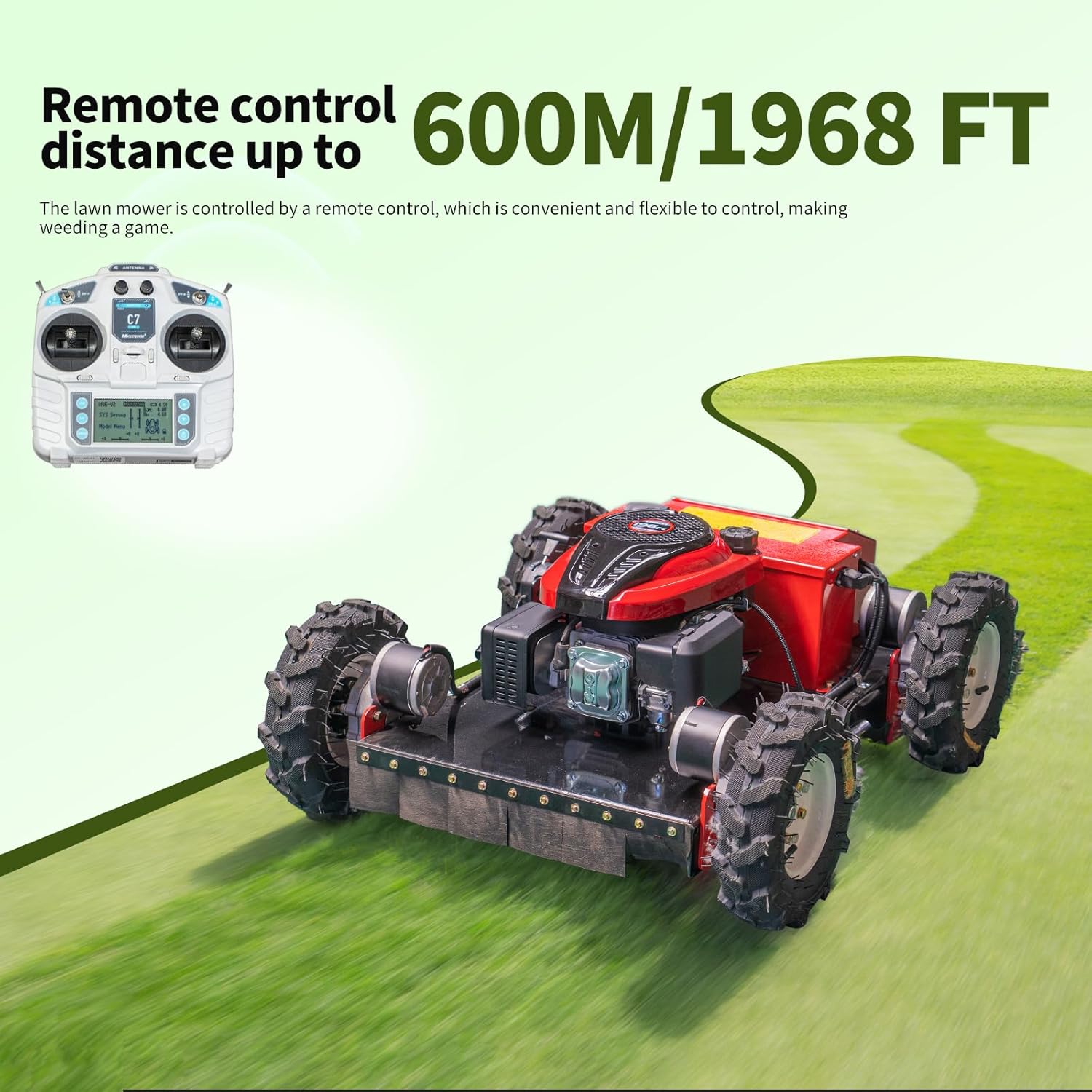 Four-Wheel Drive Remote-Controlled Lawnmower All-Terrain Flexible Lawnmower, 7.5 Horsepower Gasoline Engine 21.65-Inch Cutting Width, Robotic Lawnmower Suitable for Lawns Riverbanks and Farms