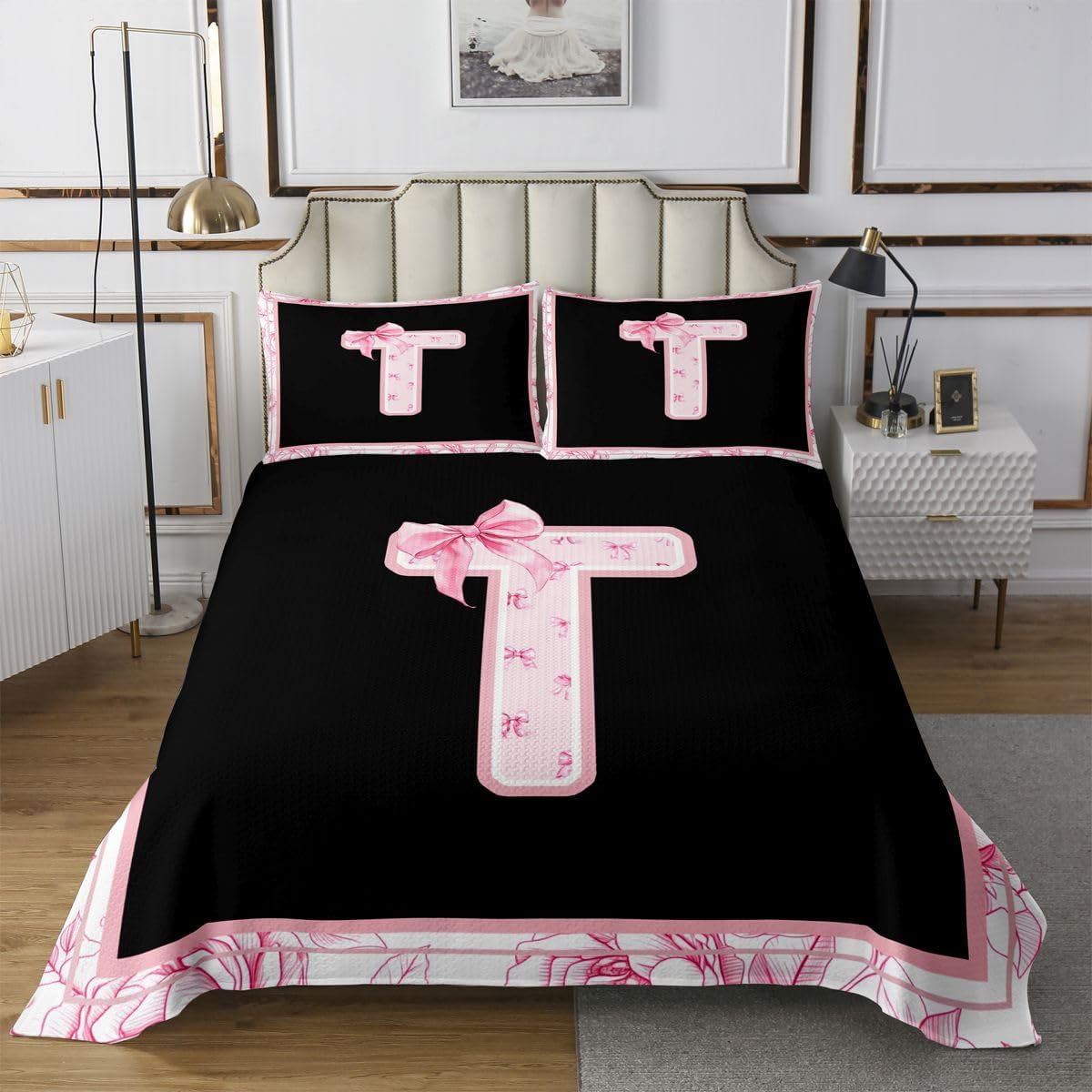 jejeloiu Black Pink Bow Bedspread King Size Monogrammed Coverlet Set Personalized Initial X Quilted Coverlet for All Season with 2 Pillowcases Coquette Bows Microfiber Lightweight
