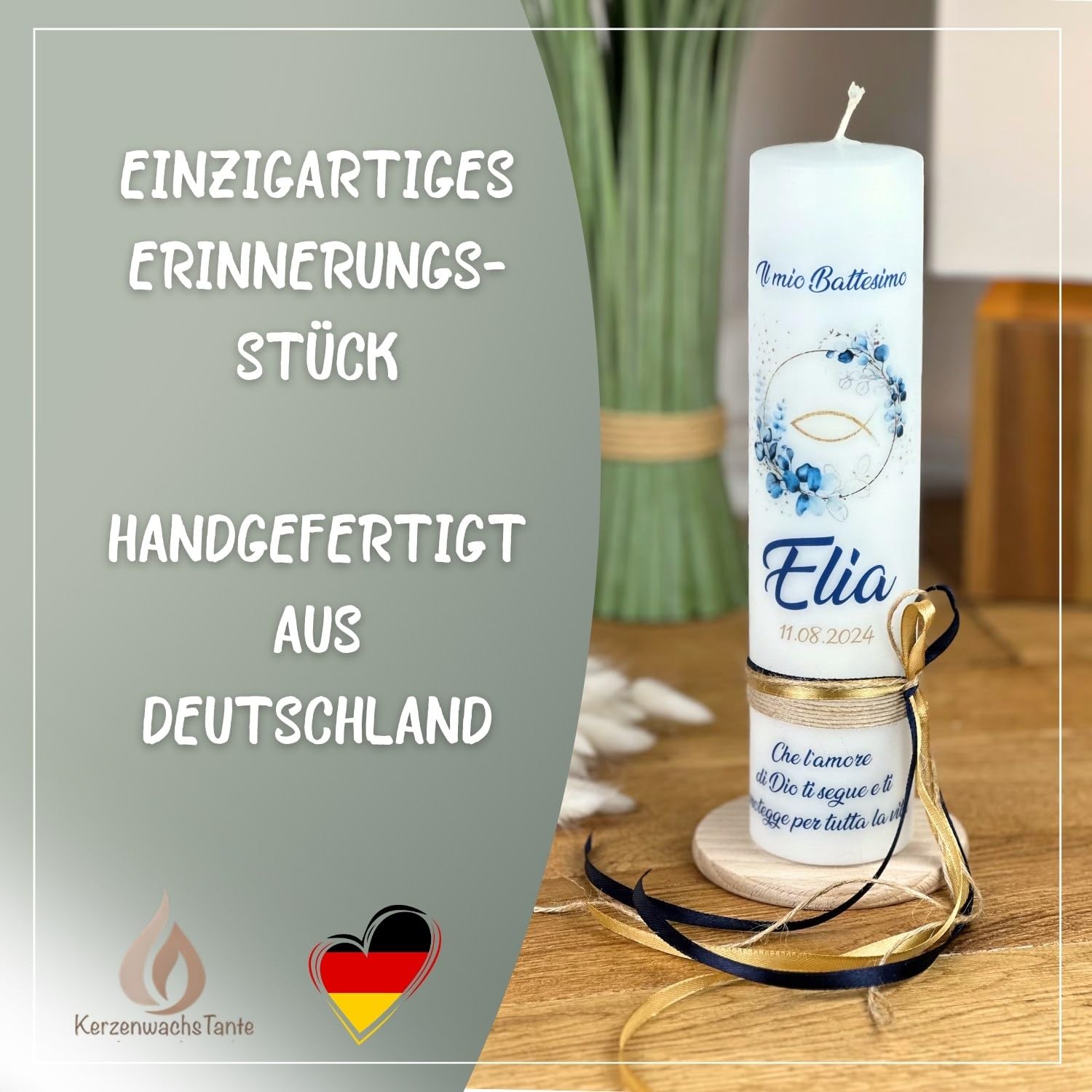 Taufkerze Kommunionkerze Eukalyptus Fisch 25x7cm – Wunschname Personalisierbar – Geschenk zur Taufe für Jungen & Mädchen – Handarbeit mit Schleife – dunkelblau gold