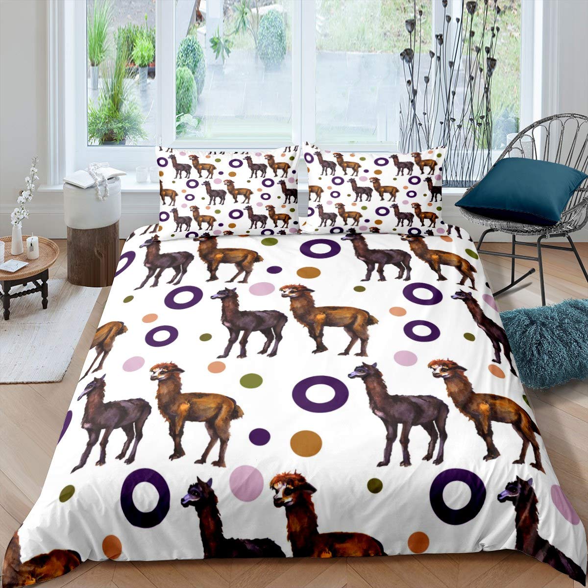 Kids Cute Llama Bedding Set Cartoon Llama Alpaca Comforter Cover for Boys Girls Brown Animal Theme Duvet Cover Colorful Polka Dots Bedspread Cover Room Decor 3Pcs With 2 Pillow Case King Size