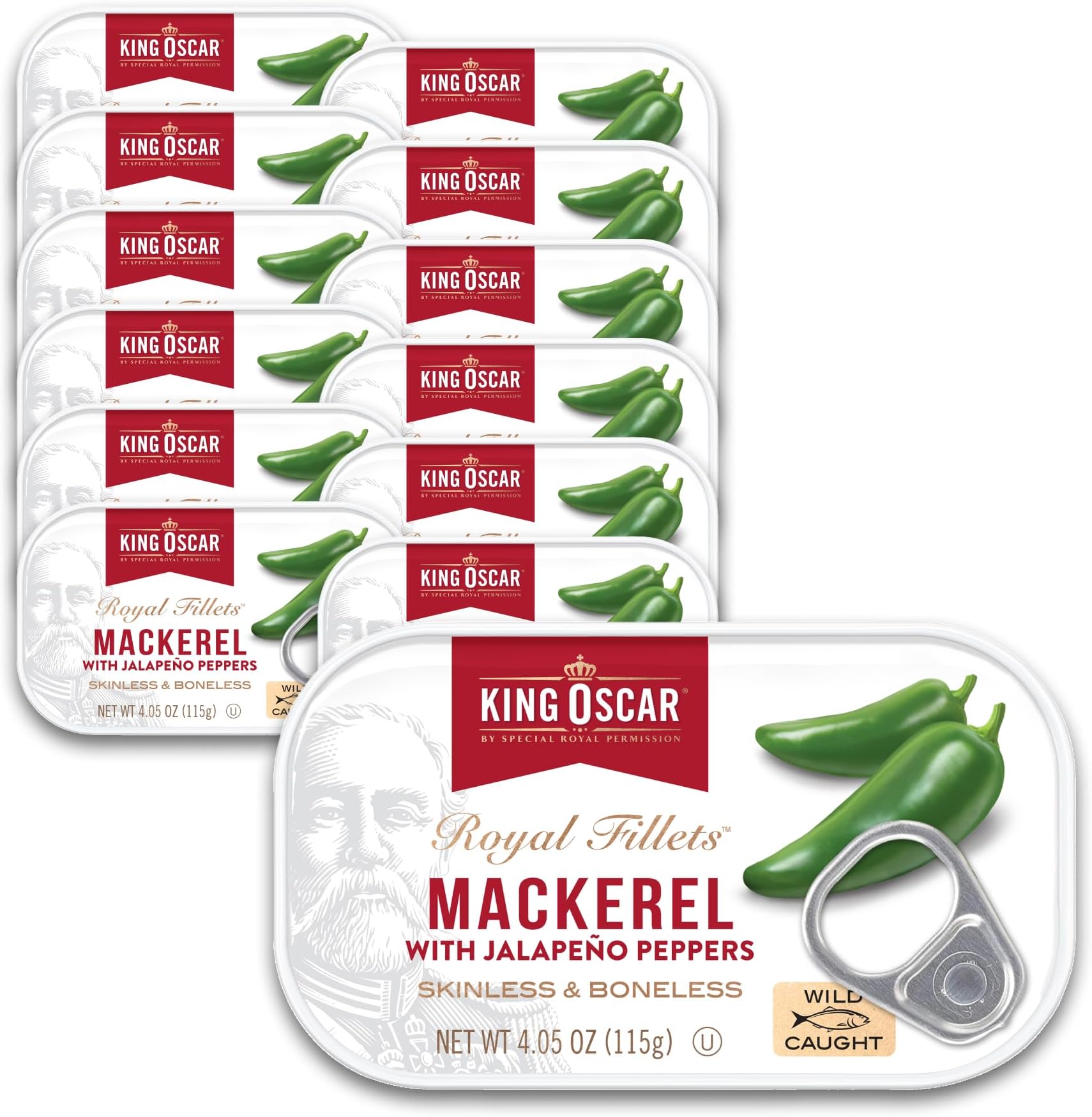 Mackerel in Olive Oil with Jalapeño Peppers, 4.05 Ounce Cans (Pack of 12), Skinless & Boneless, Wild Caught Canned Mackerel (Packaging May Vary)