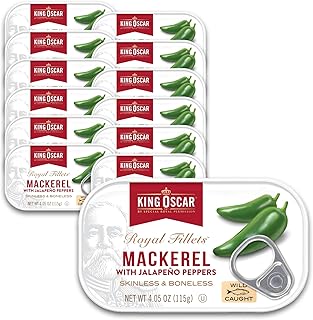 King Oscar Mackerel in Olive Oil with Jalapeño Peppers, 4.05 Ounce Cans (Pack of 12, Packaging May Vary), Skinless & Boneless, Wild Caught Canned Mackerel