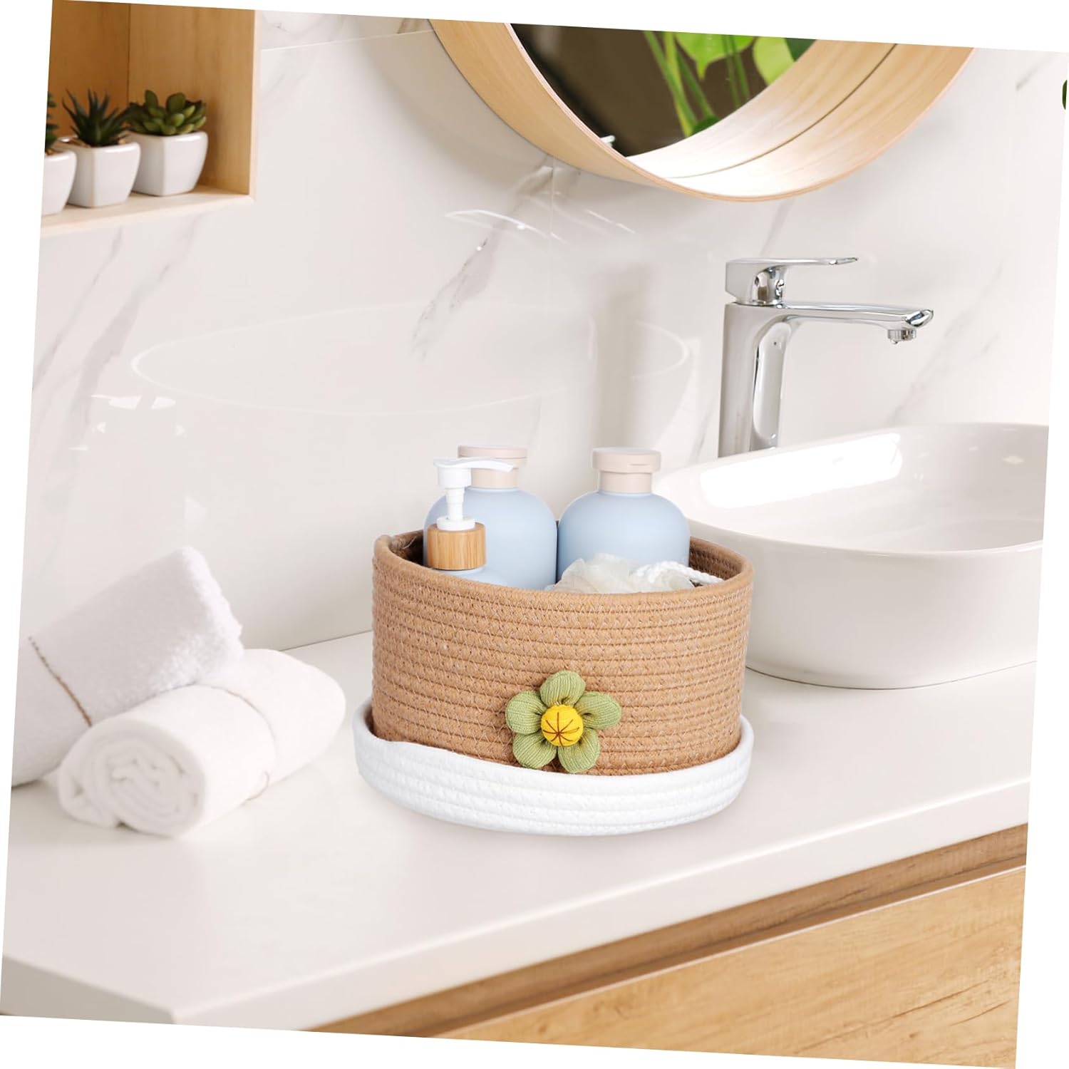 VICASKY Lidded Woven Storage Basket Cotton Rope Multipurpose Container for Clothes Sundries with Construction and Non Slip Base for Bedroom Bathroom and Laundry Organization