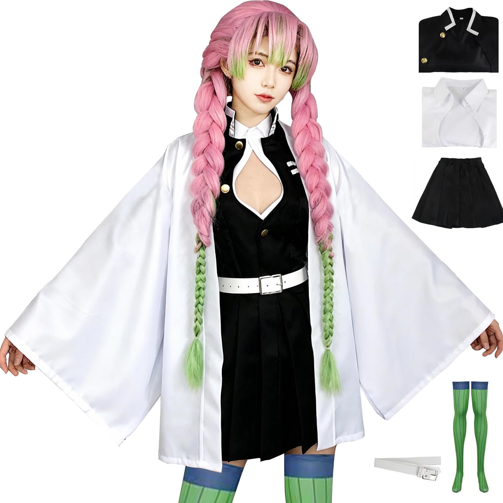 CHUNLEI Mitsuri Cosplay Costume Anime Kimono with Wig Kanroji Mitsuri Cosplay Halloween Set (White, 3XS)