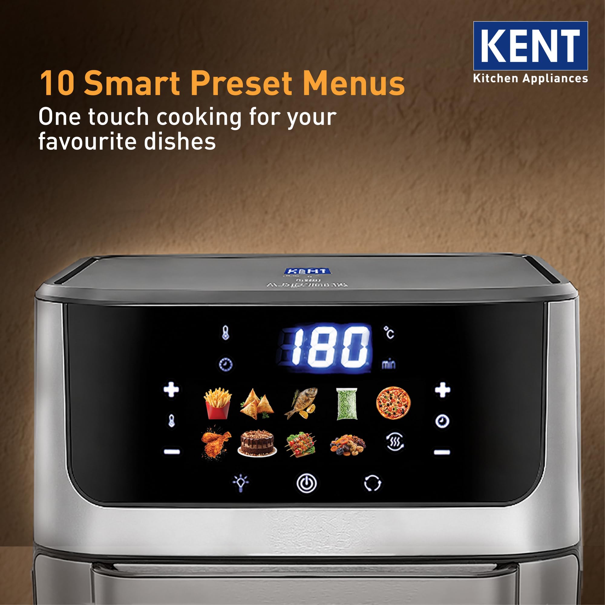 KENT Digital Air Fryer Oven 12L | 1800W | 360° Rapid Heat Circulation | 10 Preset Menus | Bake, Grill & Roast | Digital Display & Touch Control Panel | Dehydration & Rotisserie Function, Multi 3