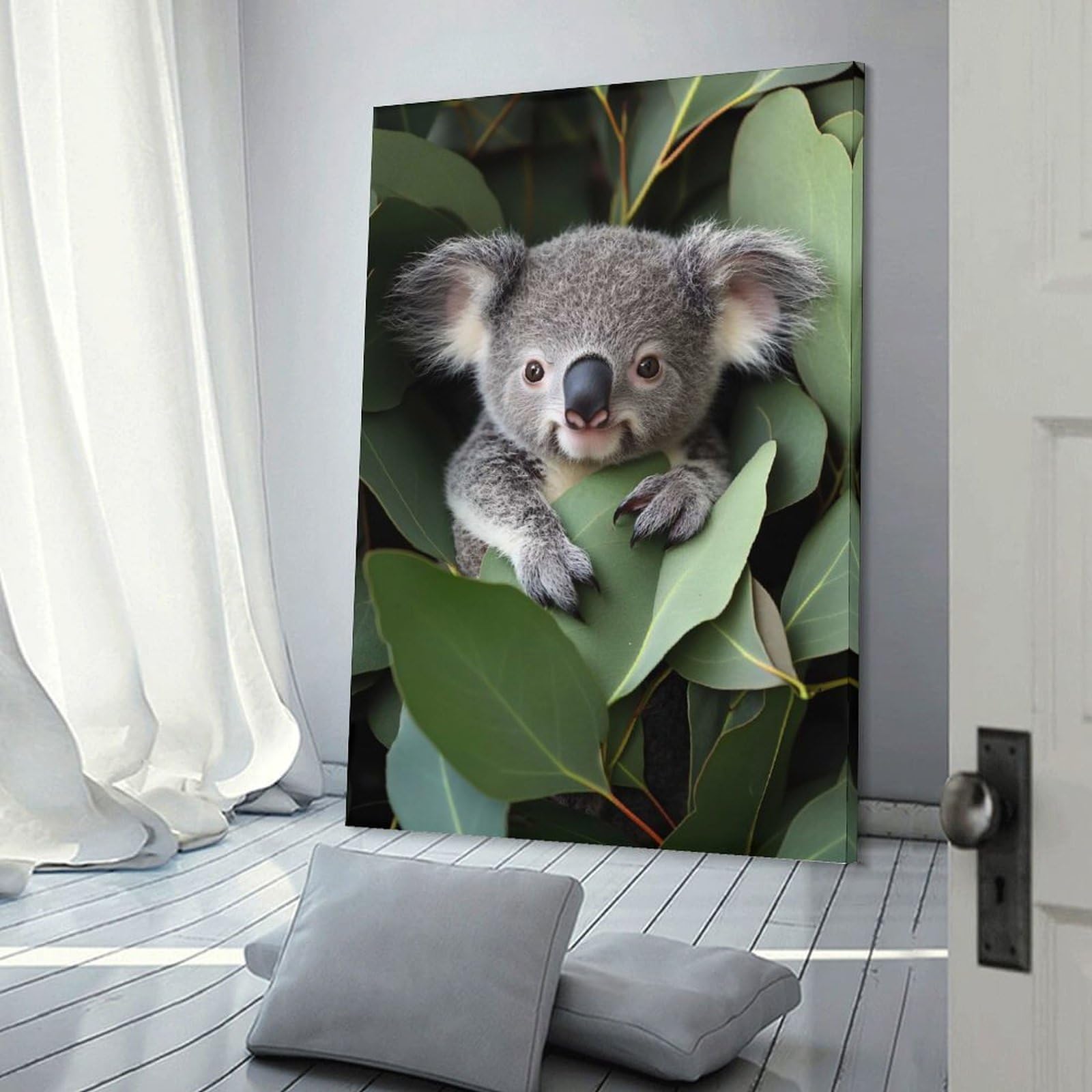 Junmoney Cute Koala in Eucalyptus Leaves Hanging Wall Art 24x36inch(60x90cm), for Study, Office Or Focused Interiors, Wall Art That Adds Style to Work Areas