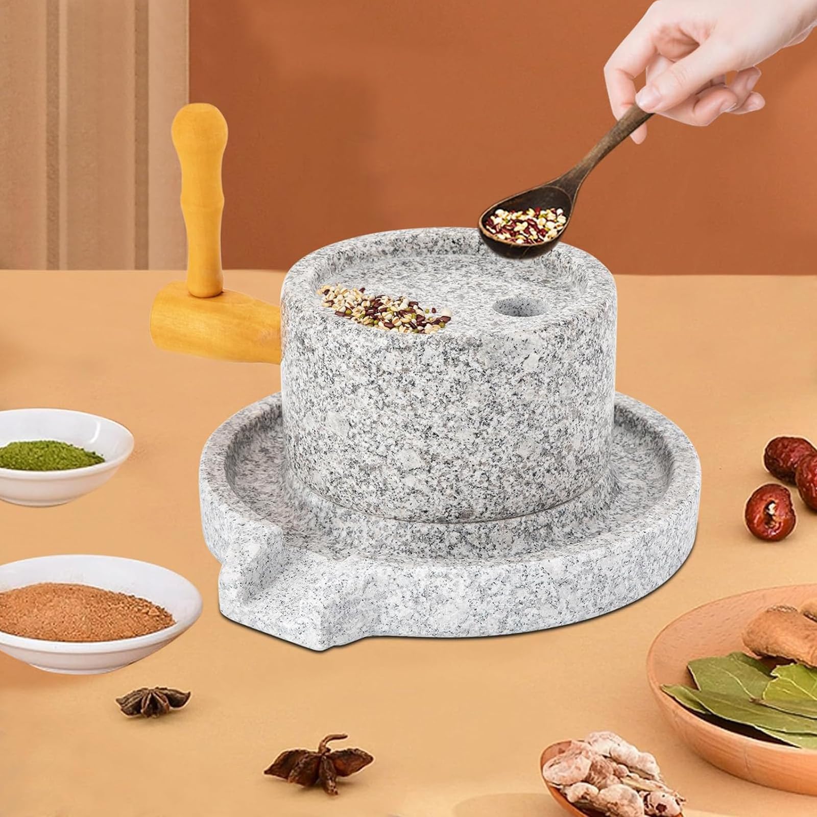 Macina manuale per cereali in pietra, fatta a mano, antica pietra abrasiva, multifunzione, per alimenti secchi e umidi, utensile da cucina