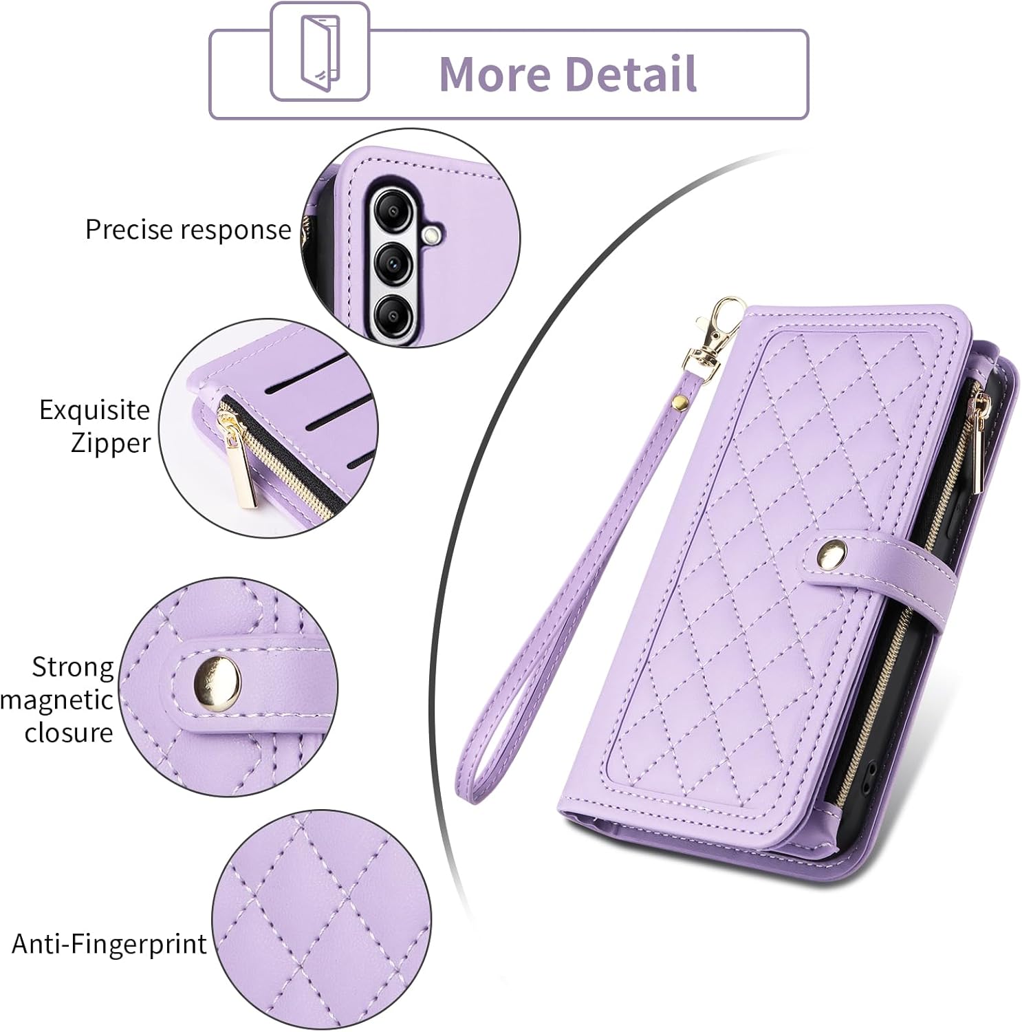 Wallet Case for Samsung Galaxy A16/A17/A26 5G with Wrist Strap Flip Zipper Credit Card Holder Soft Stand Argyle Pattern Phone Cover for A 16 17 26 16A 17A 26A 4G SM-A166U Women Girls Purple