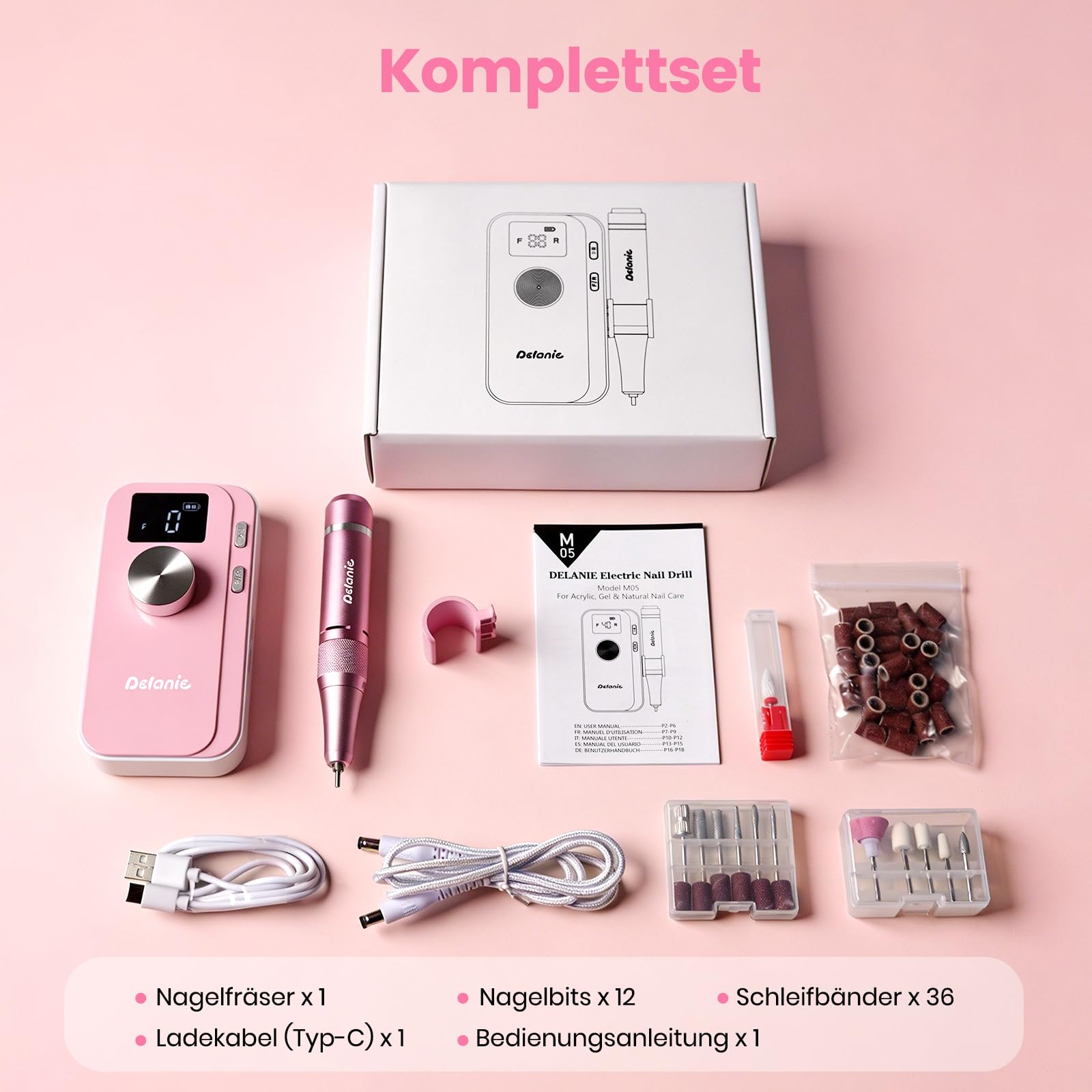 Delanie 40000 U/min elektrischer Nagelfräser für Gelnägel Acrylnägel, Rosa