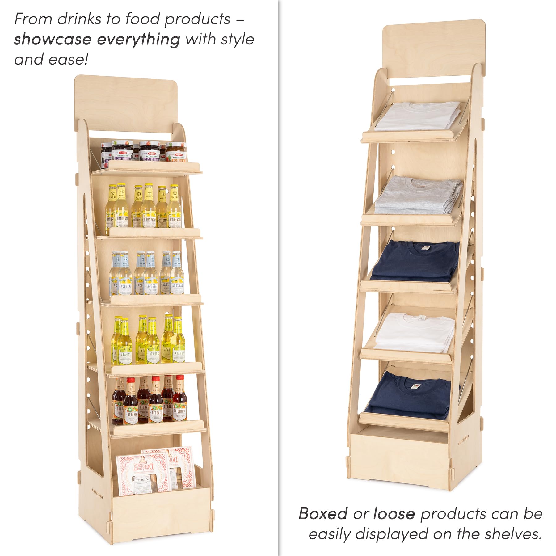 Espositore in Legno, da Terra, Regolabile, Inclinazione e Altezza Ripiani Variabile, Espositori per Negozi, Alimentari, Farmacie, Cartolerie, Ferramenta, Librerie (Adapti - L.40cm)
