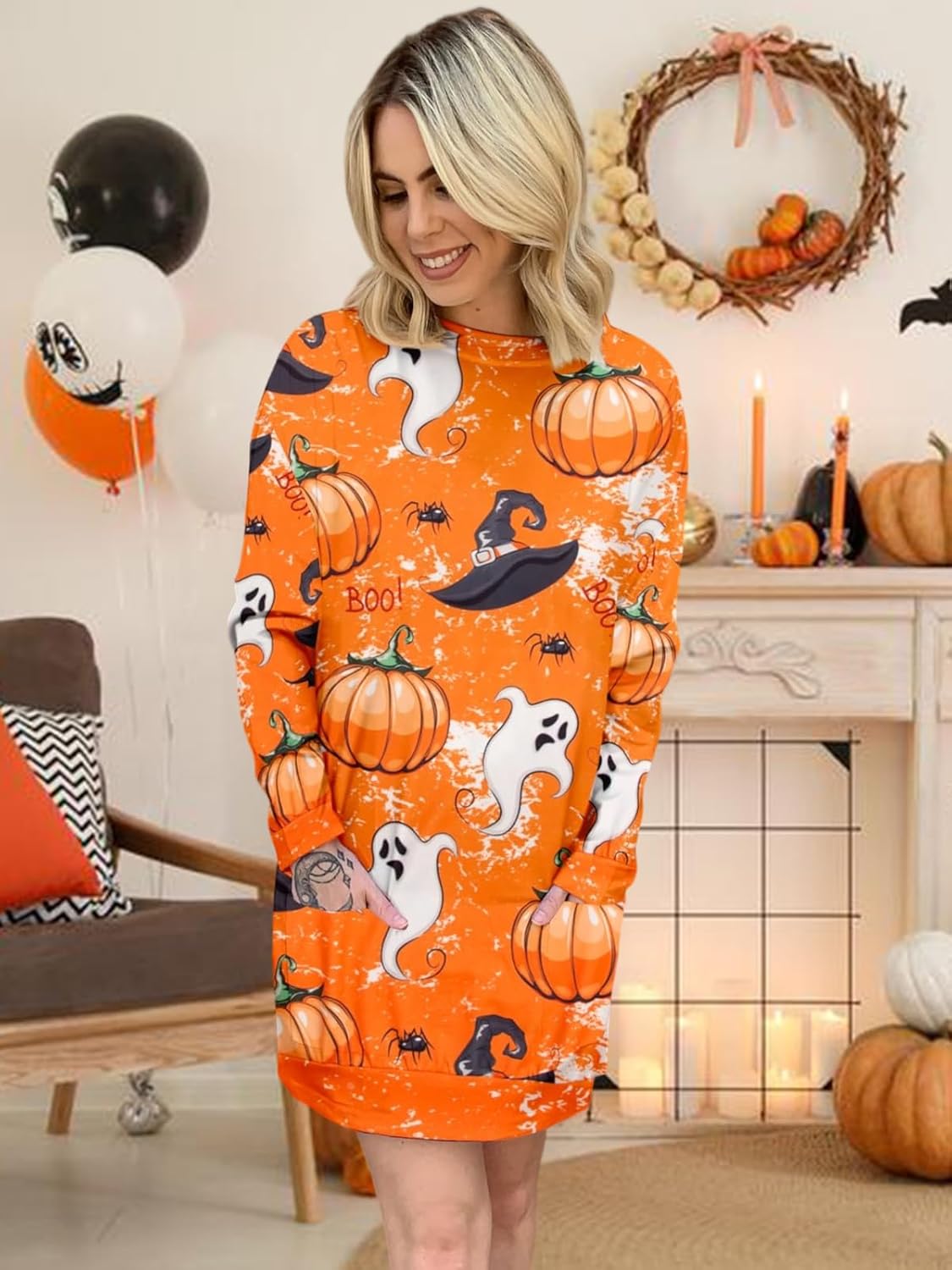 JINTING Women Halloween Sweatshirt Pumpkin Cat Long Sleeve Funny Doddle Graphic Printed Pullover Dress Fall Shirt Tops - Image 5