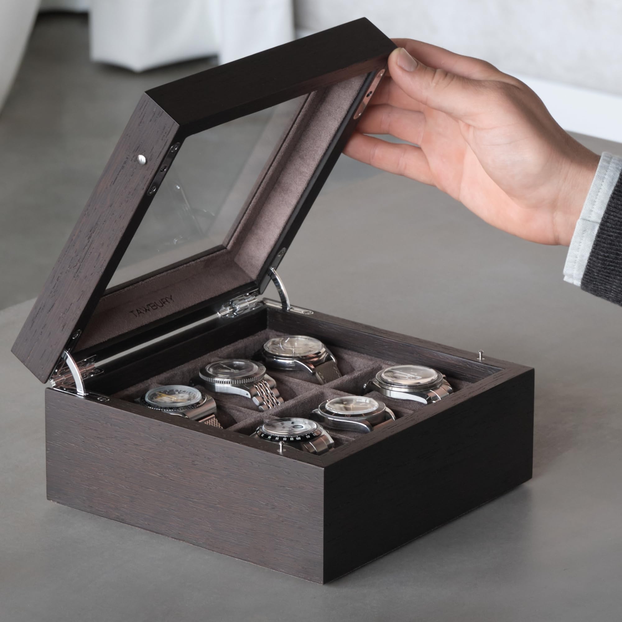 TAWBURY Caja organizadora de relojes de madera para hombre, cajas de reloj de madera para hombres, cajas de reloj para hombres, organizador de caja de reloj de 6 ranuras, caja de reloj para hombre