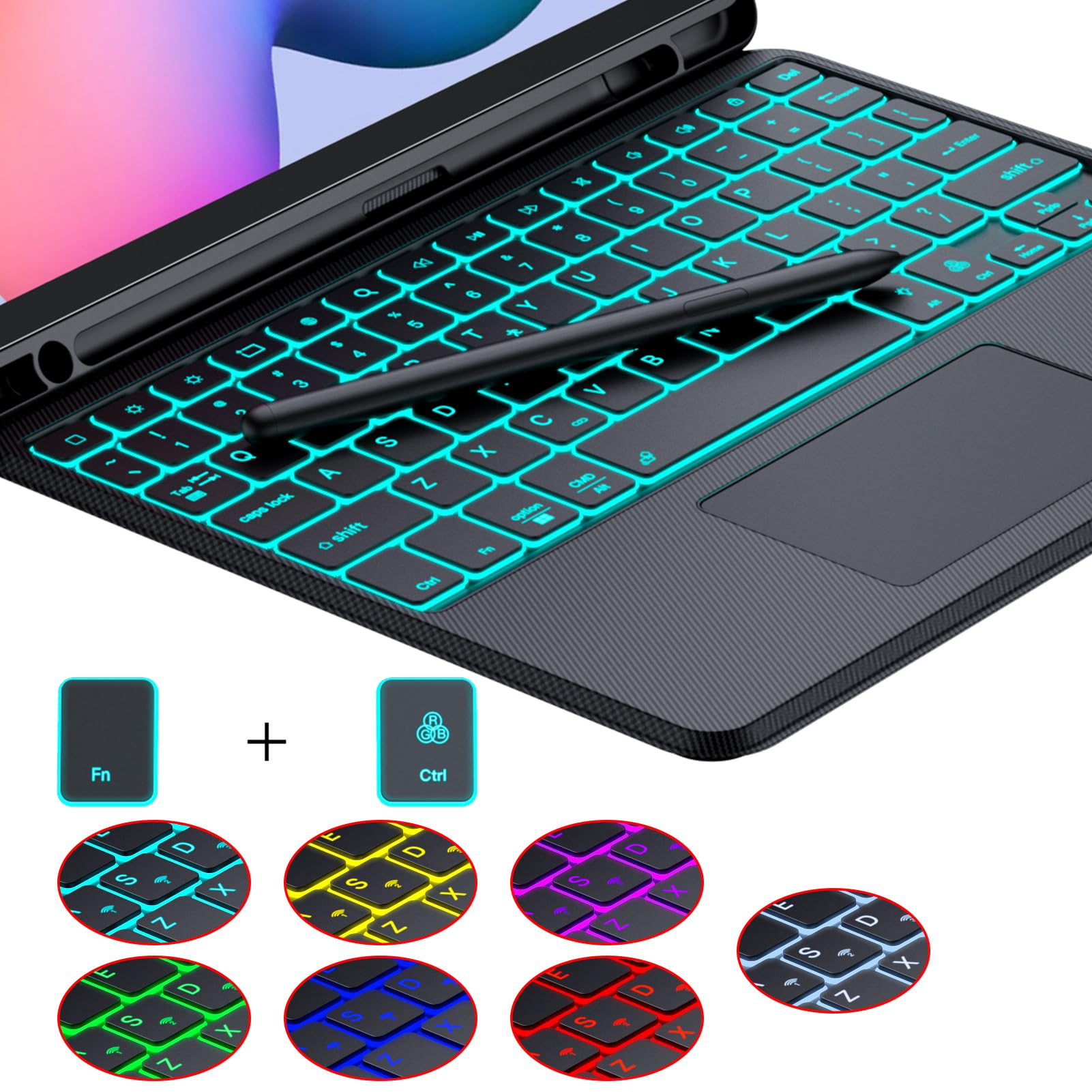 Trackpad Keyboard Case for Samsung Galaxy Tab S6 Lite 10.4 Inch 2020/2022/2024, 7 Color Backlit Magnetic Detachable Wireless Slim Keyboard for S6 Lite Tablet with S Pen Holder, Black
