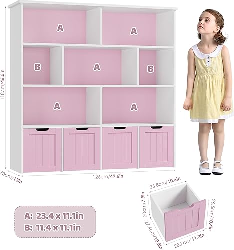 Miniatura 2 de FINETONES Organizador de almacenamiento de juguetes, estantería para niños con 4 cofres móviles y 7 cubos de almacenamiento, almacenamiento de baúl