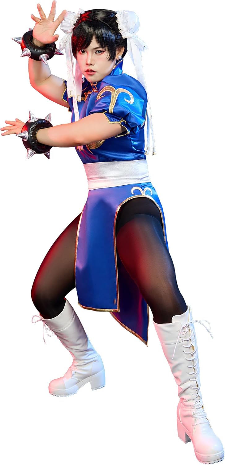 Micotaku Street Fighter Officially Licensed Deluxe Classic Chun Li Slim Fit Blue Women's Cosplay Costume Leotard and Skirt - Image 2