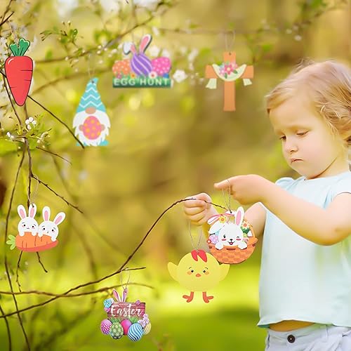 Miniatura 8 de 36 adornos colgantes de madera de Pascua adornos de huevo de conejito de Pascua cesta de zanahoria camión flores primavera madera rebanada colgantes