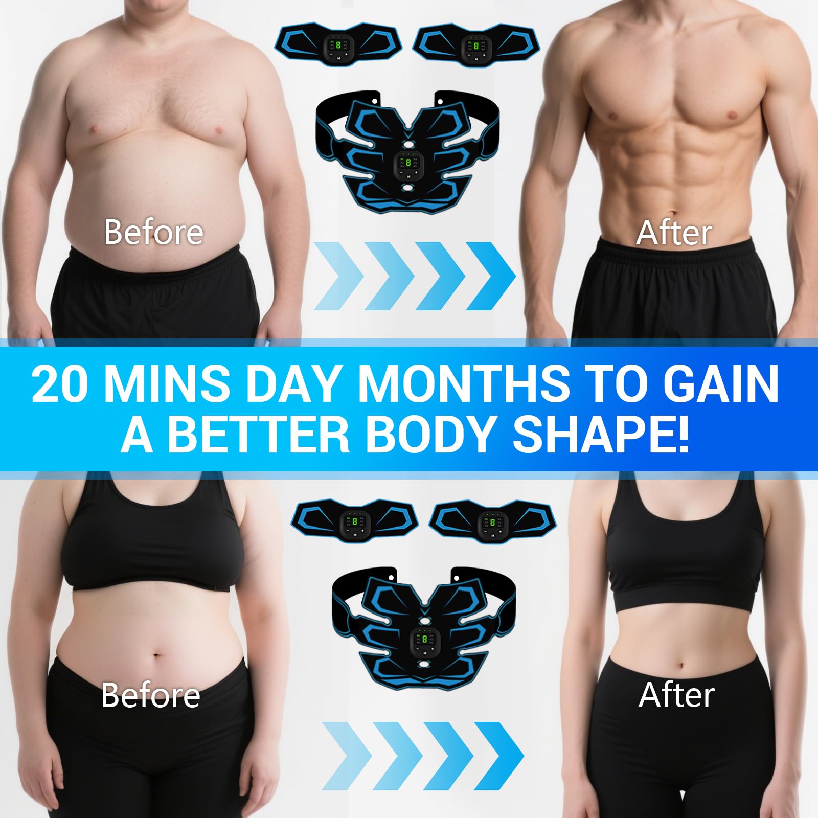 Elettrostimolatore Muscolare - Elettrostimolatore per Addominali, 6 modalità e 19 Intensità, Stimolatore Muscolare EMS Glutei, Addome, Braccia, Gambe