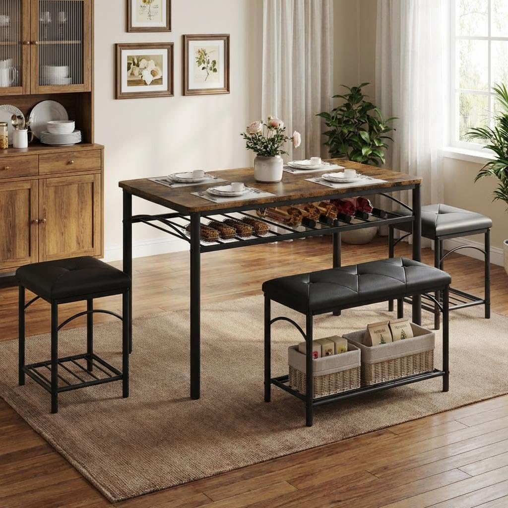 GarveeHome Dining Table Set for 4 with Upholstered Benches and 2 Stools, Modern Space Saving Kitchen Breakfast Table, Ideal for Small Kitchens, Apartments, Studios, and Compact Living Spaces