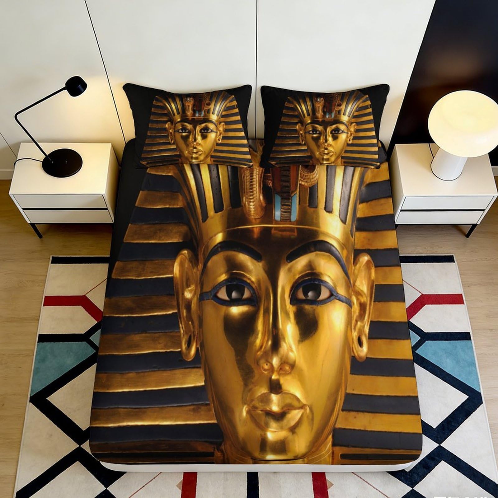 3D Printed Pharaoh Gold Fitted Sheet Microfiber Soft Bedroom Decor Egyptian Mask Mattress Cover for Home Guest Room 90x200x25cm