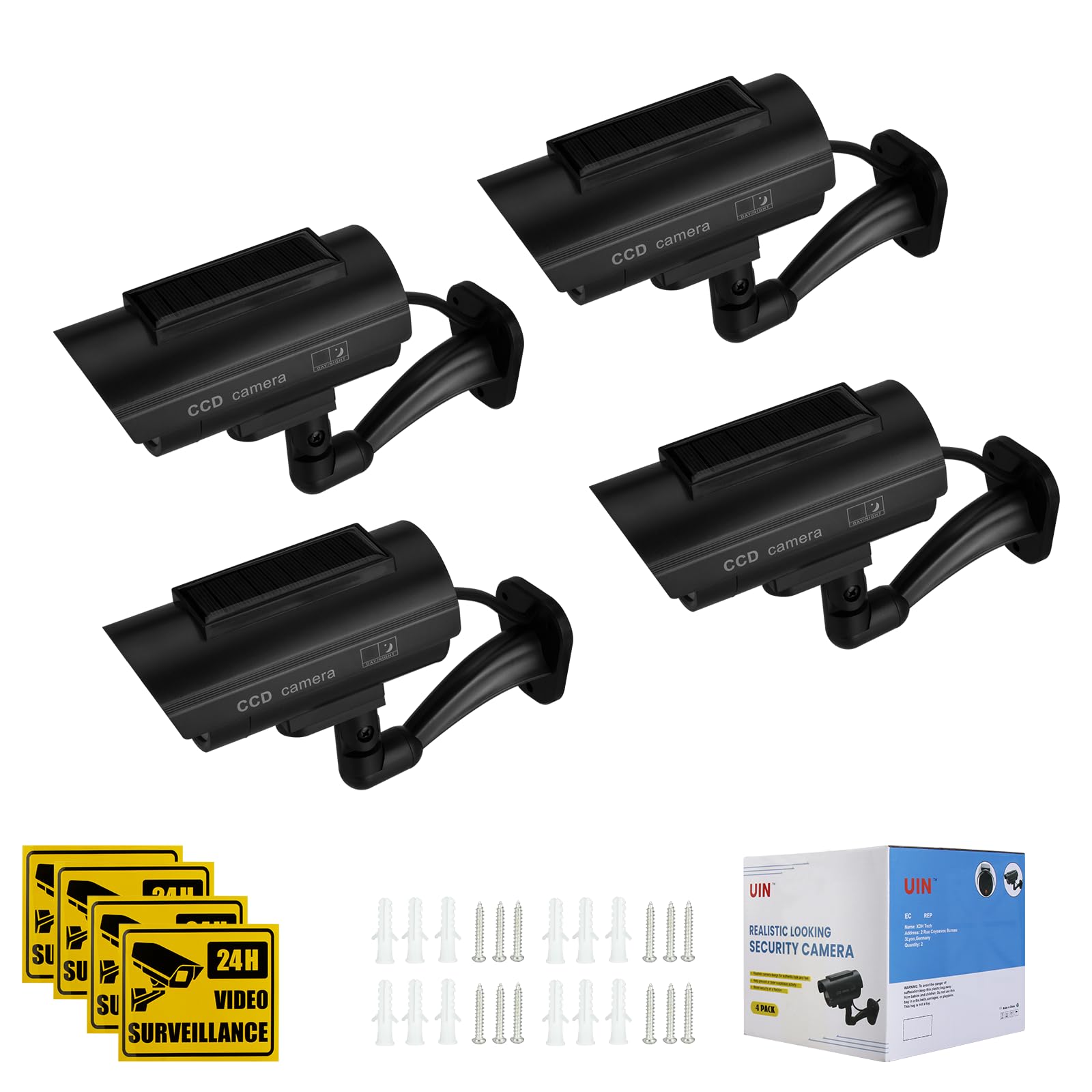 4PCS Schwarz Alarmanlage Haus Attrappe Dummy Solarbetriebene Kamera Überwachung Aussen Fake Kamera Attrappe Außenbereich mit Realistischem Rotem Blinklichtsensor und Warnaufkleber