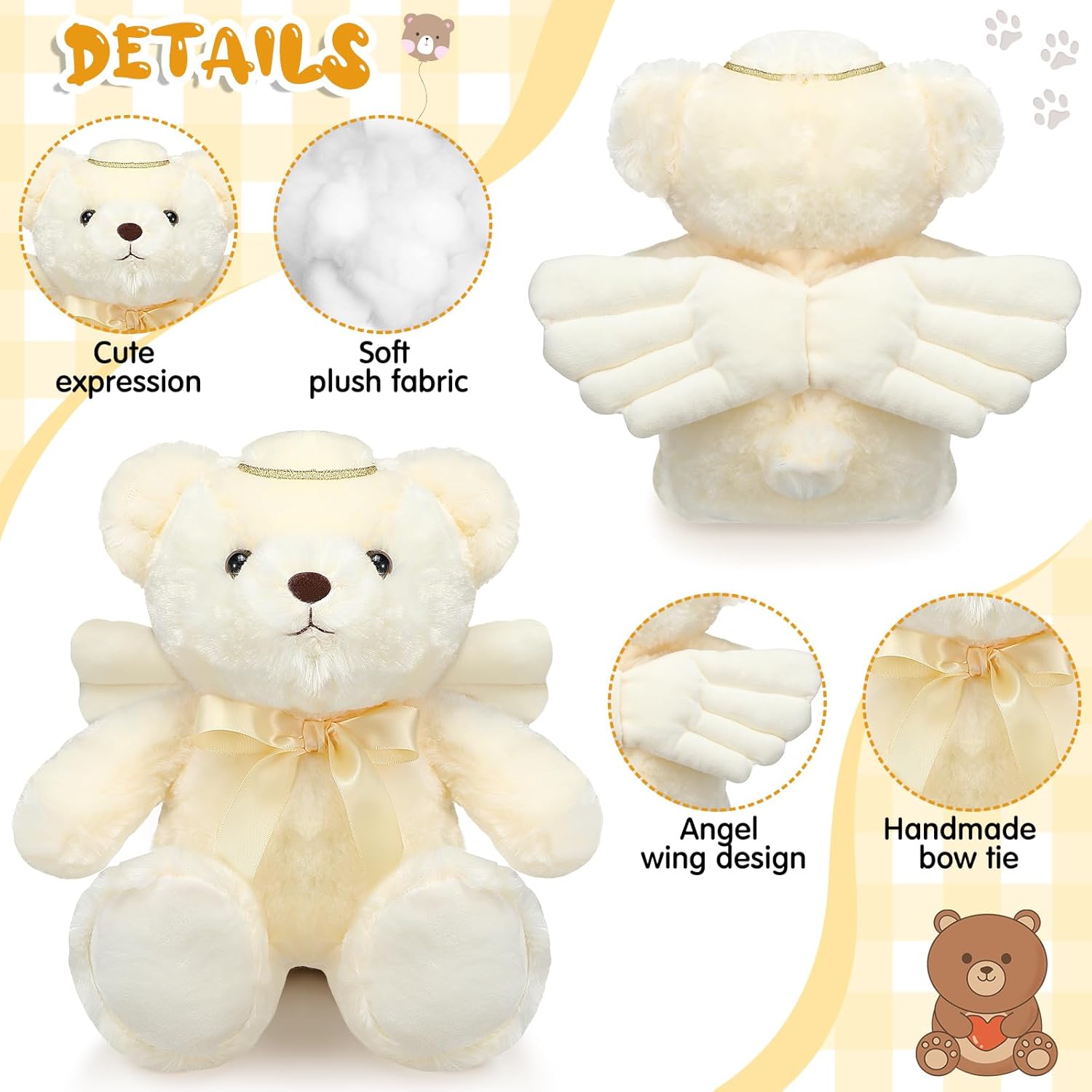 Meooeck Hydren 13.8 Inch Angel Bear Stuffed Animal - Soft Angel Plush Prayer Bear with Wings and Halo, Sympathy Gift for Kids, Boys, Girls, Ideal for Baby Shower, Baptism, Christening, Birthday - Image 4