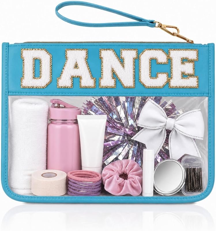 Necessaire transparente Burskit com zíper, letras de chenille e material de nylon, Blue Dance