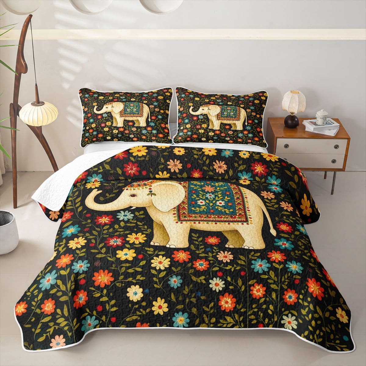 Castle Fairy Traditional Boho Elephant Quilt Set Vintage Circle Ethnic Quilt Bedding Kids Boys Girls Indian Tribal Bed Covers for All Season with 2 Pillow Sham Queen Size Cream Cyan