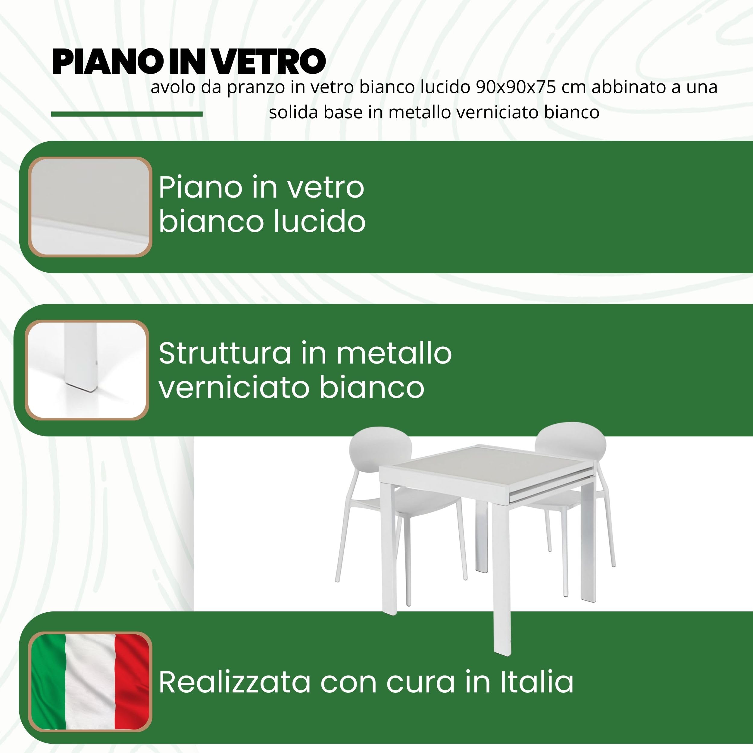Mar.c.a. Design - Tavolo da Pranzo Allungabile Quadrato 90x90x75 cm - Allungabile Fino a 180 Cm con Piano in Vetro - Bianco - Made in Italy