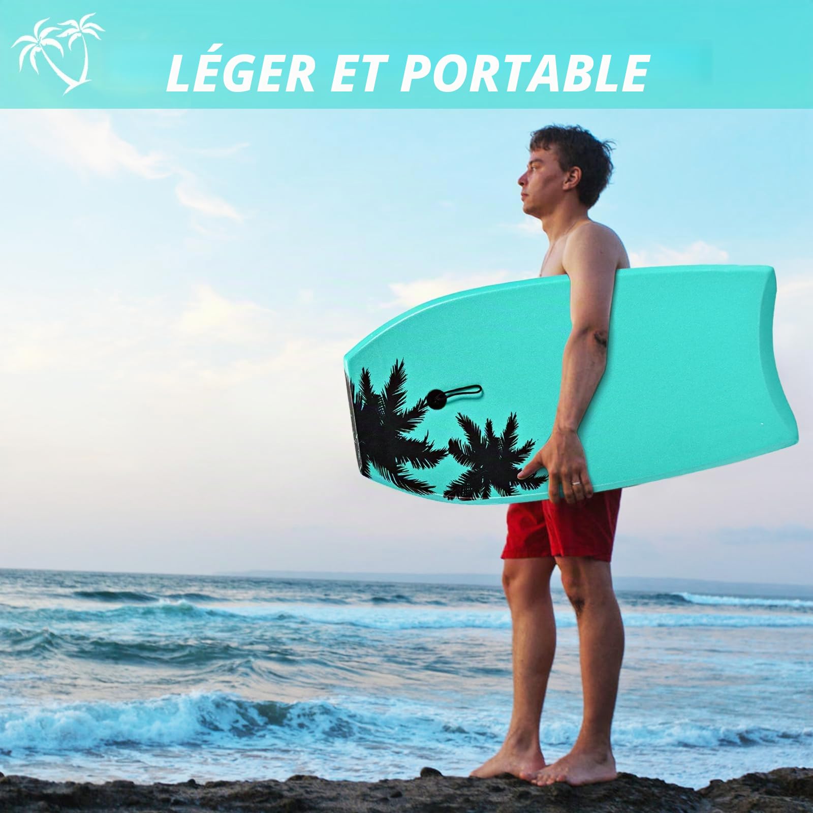 HOMASIS Bodyboard Planche de natation avec corde de traction 90 cm Planche de surf pour enfants et adultes avec noyau en mousse EPS et motif cocotier Vert