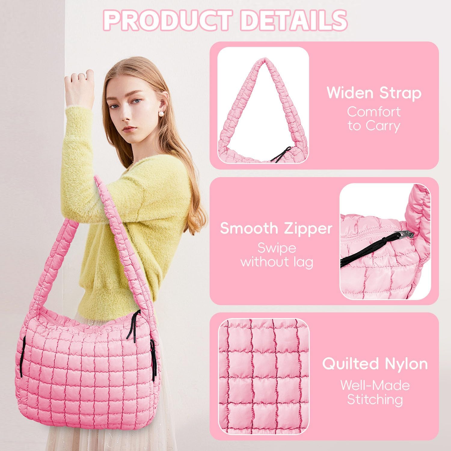 Puffer Tote, Quilted Puffer Hobo Bag, Lightweight Puffy Quilted Shoulder Bag for Work, Gym, Travel - Image 4