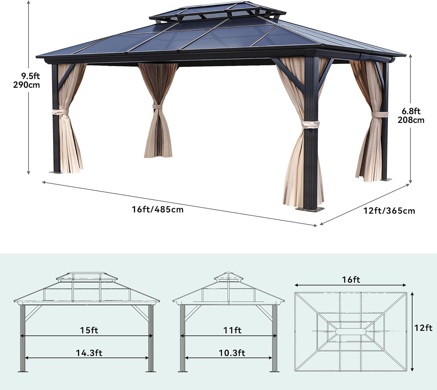 YITAHOME 12x16 FT Gazebo Hard-Top Double Roof Canopy Outdoor with ...