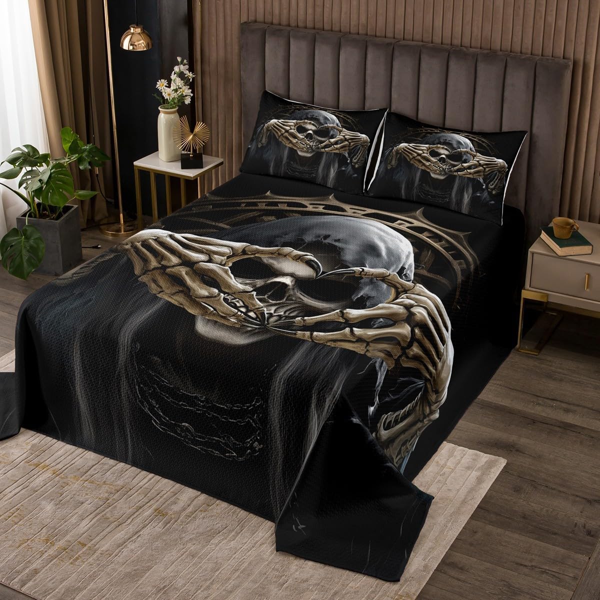 Erosebridal Exotic Skull Couple Bedspread Set, Vintage Skeleton Coverlet Set Queen Retro Gothic Quilted, Spooky Ethnic Tribe Bone Red Rose Decor, Halloween Skeleton Decorations