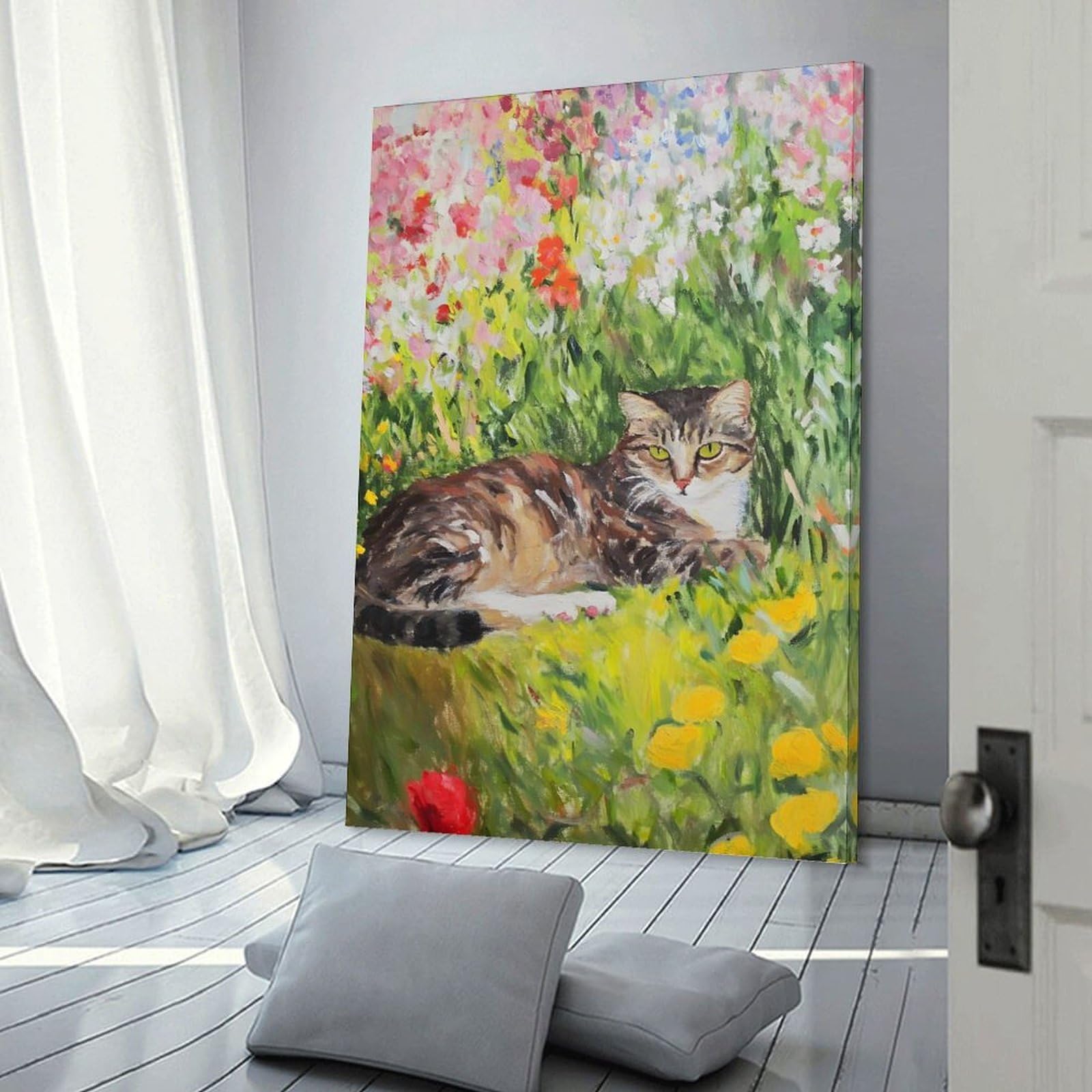 Junmoney Room Decor Wall Art Cat in A Flower Garden, 24x36inch(60x90cm), for Home Office, Desk Area Or Studio, An Interior Accent for Desk Areas