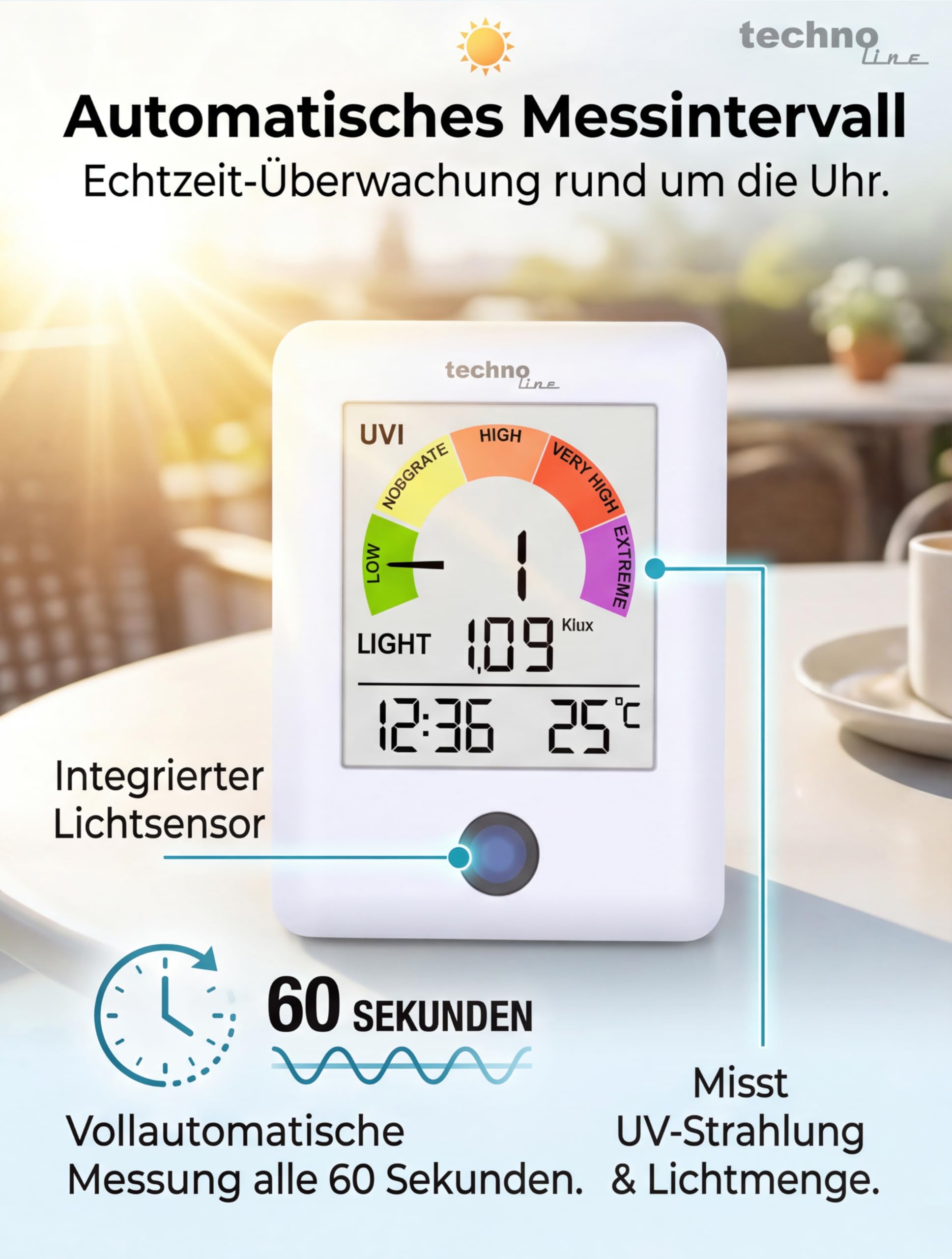 technoline WS9320 monitor promieniowania UV z indeksem UV i światłomierzem | pomiar UV w czasie rzeczywistym co 60 sekund | temperatura i godzina wnętrza | alarm UV ze skalą kolorów | miernik