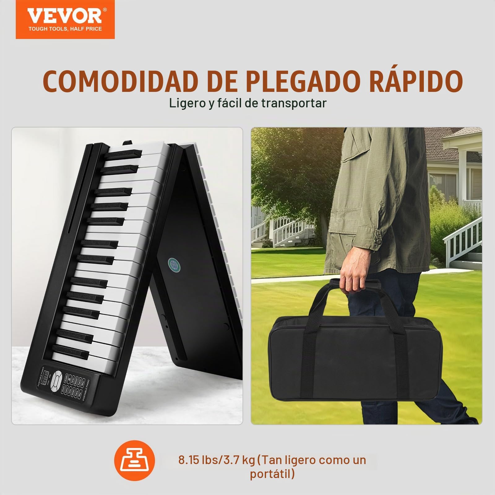 VEVOR Teclado de Piano Plegable 61 Teclas Bluetooth y MIDI Piano Electrónico Digital Portátil con Pedal de Sostenido Teclas Iluminadas Recargable para Principiantes, Adolescentes, Adultos, Negro