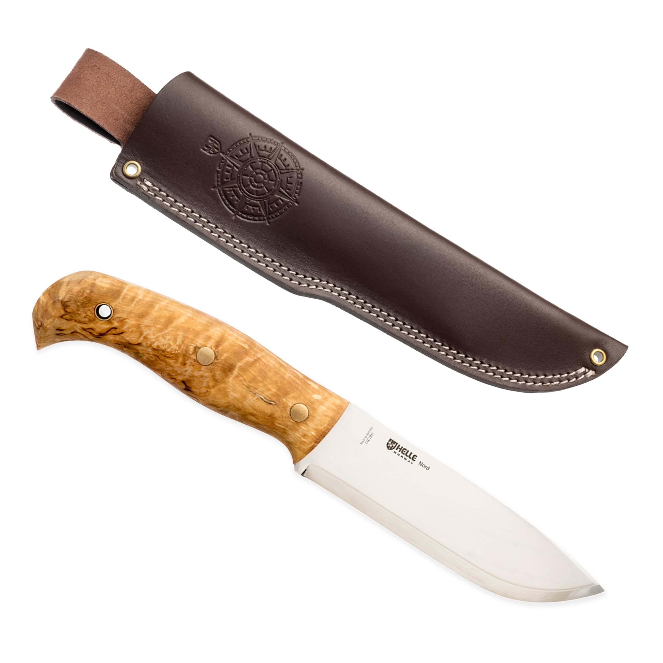 Helle NORD 670 Outdoormesser, Sandvik 14C28, rostfrei, Maserbirke, Lederscheide
