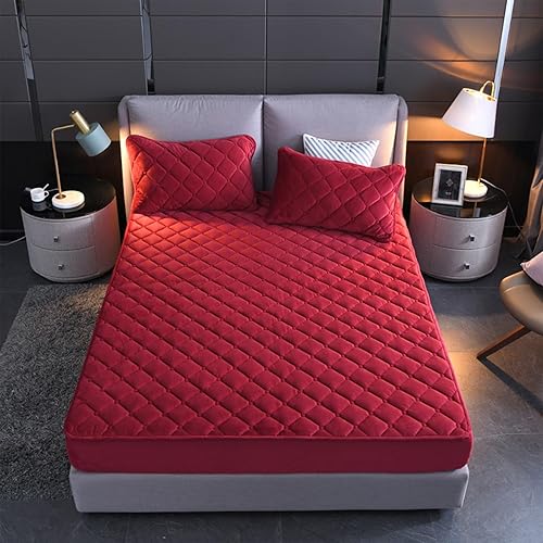 Miniatura 1 de Sábana bajera acolchada de tela de terciopelo cristalino protector de colchón antideslizante banda elástica fijación individual doble (color rojo,