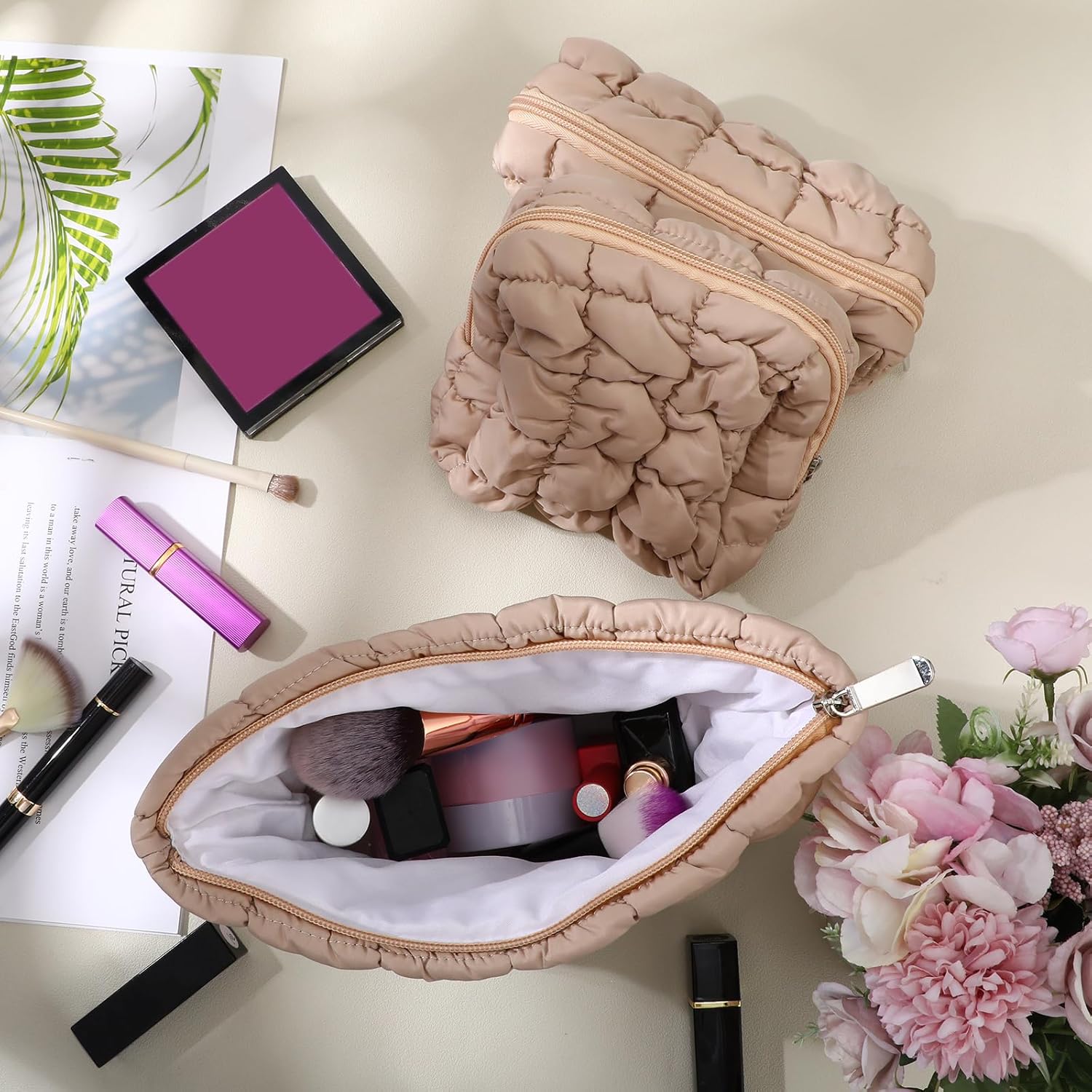 3 Pcs Puffy Makeup Bag Quilted Cosmetic Pouch for Women Cute Checkered Travel Toiletry Bag Puffer Makeup Organizer Purse Pouch Preppy Pencil Case with Zipper - Image 4