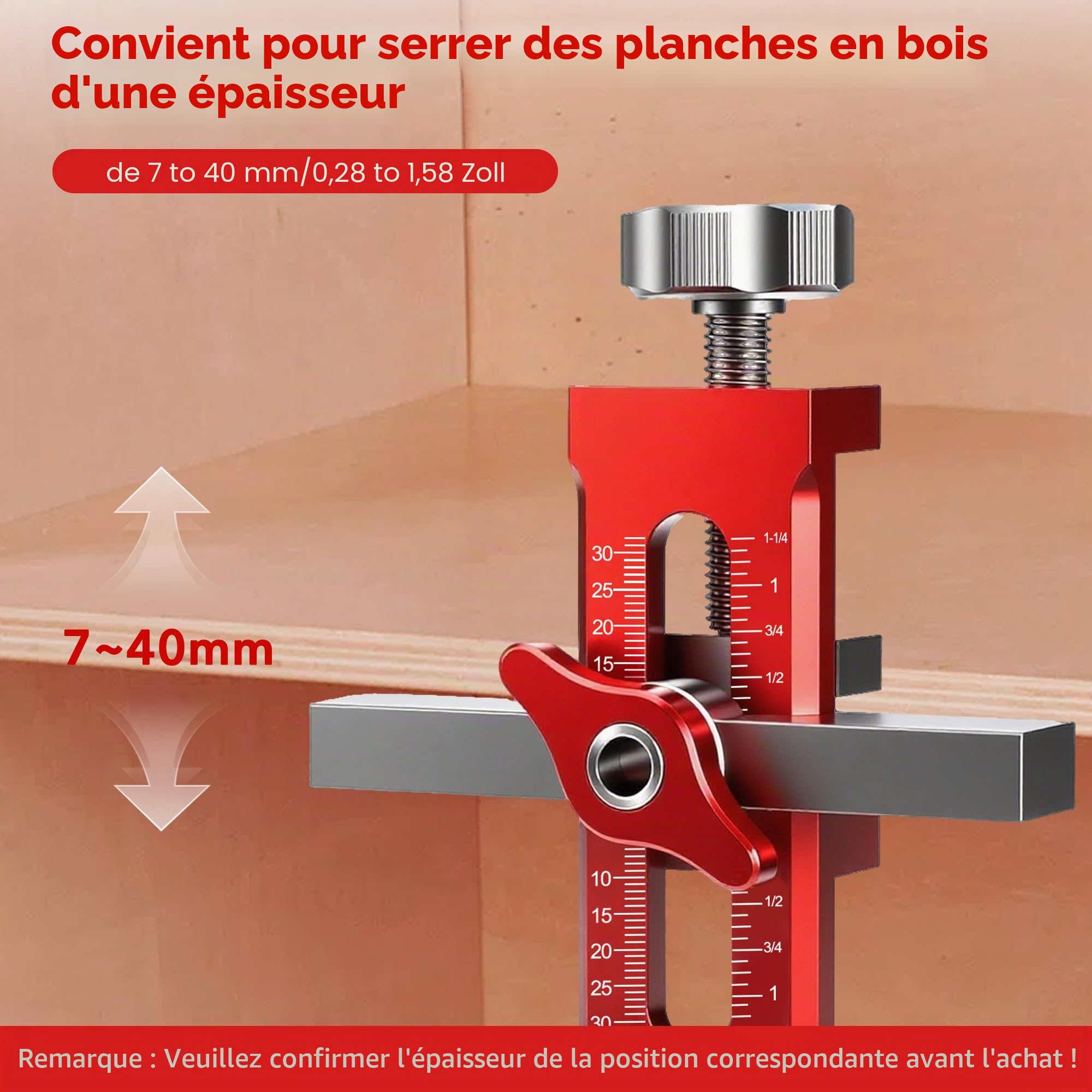 Outil de positionnement de porte d'armoire réglable : robuste et facile à utiliser Positionneur d'installation de porte d'armoire pour le travail du bois l'installation de portes d'armoires (rouge)