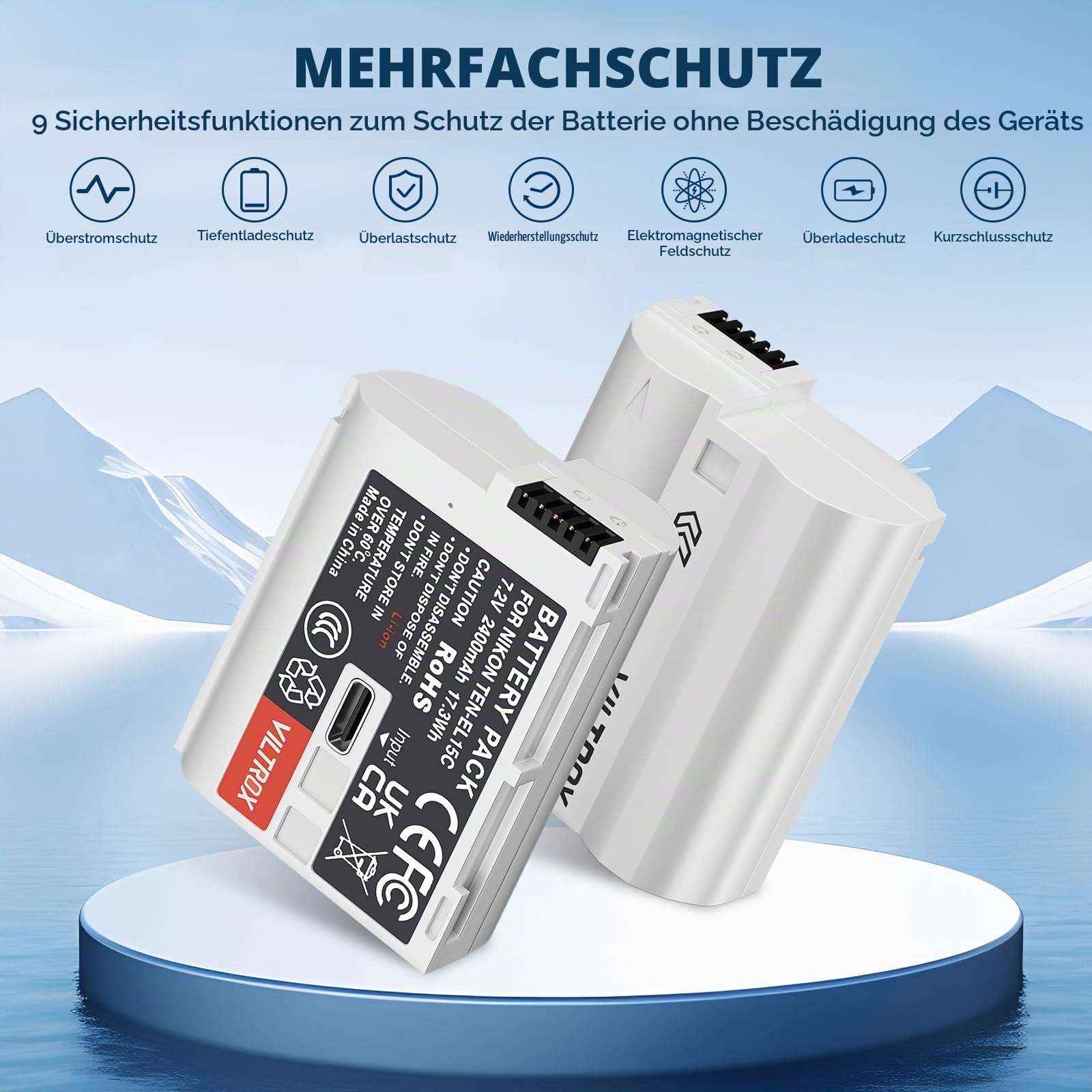 VILTROX EN-EL15C 2 Pack Kamera-Akku Battery Wiederaufladbarer Akkupack 2400mAh USB-C für Nikon D500 D600 D610 D750 D780 D800 D800E D810 D810A D850 D7000 Z8 D7100 D7200 D7500 Z5 Z6 Z7 Z6II Z7II Zf