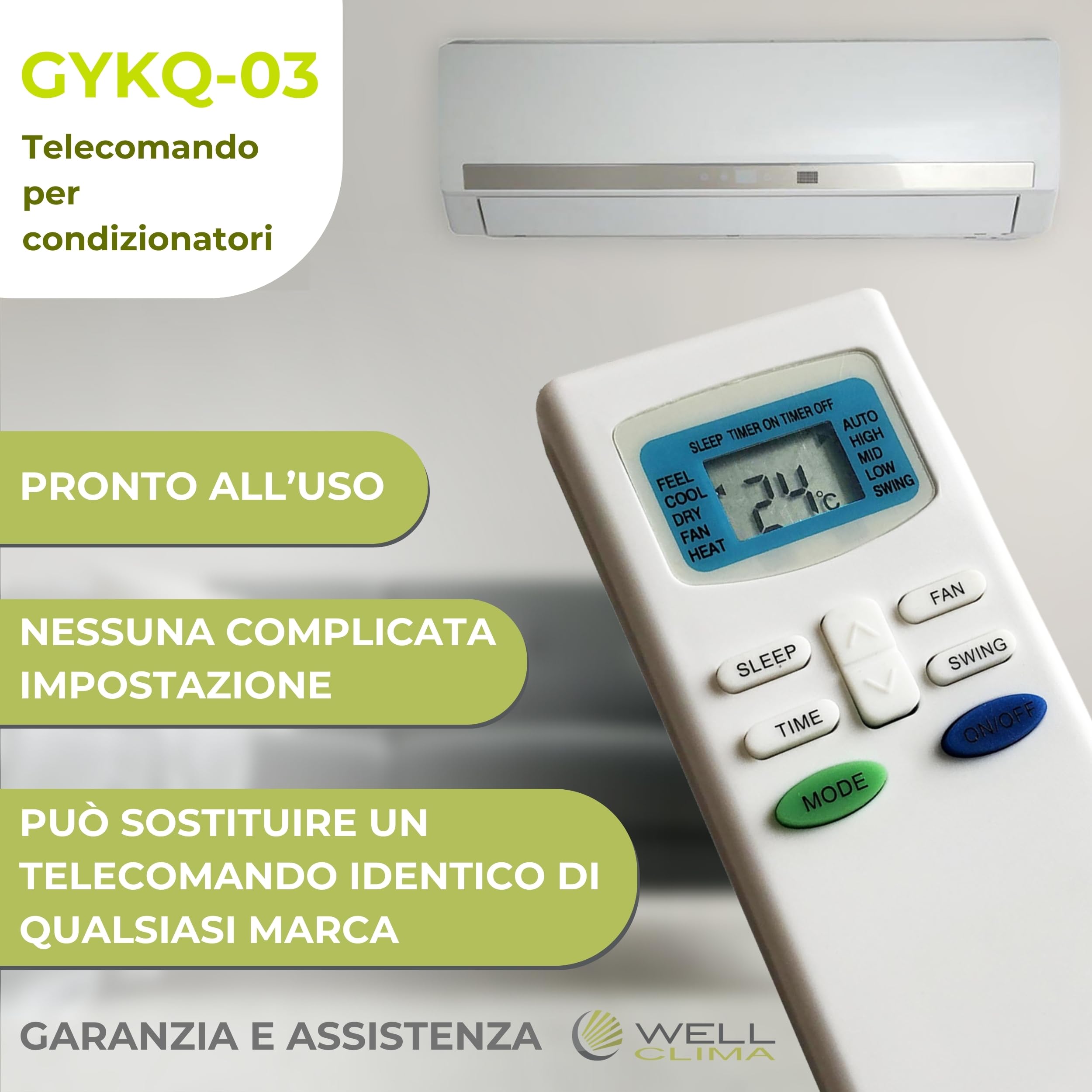 Wellclima Telecomando GYKQ-03 per Condizionatori, Sostituisce lo Stesso Modello per De Longhi per Hokkaido per Tudor per Zephir per Airton per Kendo per Mizushi per Tectro per Bent per Sekom ed Altri