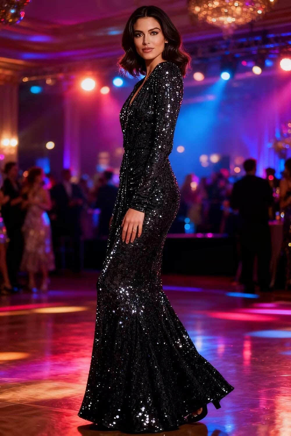 Sparkly Sequin Velvet Prom Dresses for Women Long Sleeve Mermaid Bridesmaid Dress V Neck Formal Wedding Guest - Image 2