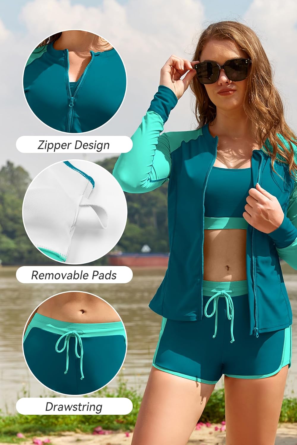Women's 3 Piece Rash Guard Long Sleeve Swimsuit Built-in Bra Zip Up Swim Shirts with Tummy Control Shorts Quick Dry - Image 4