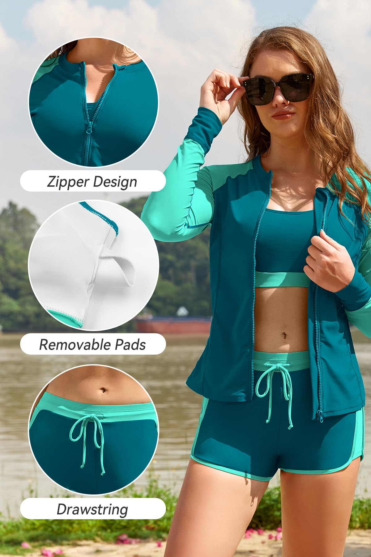 SHEKINI Damen 3-teilige Rash Guard Langarm Bademode Reißverschluss Badeanzug mit Bikini Top mit Seil Elastische Boyshorts