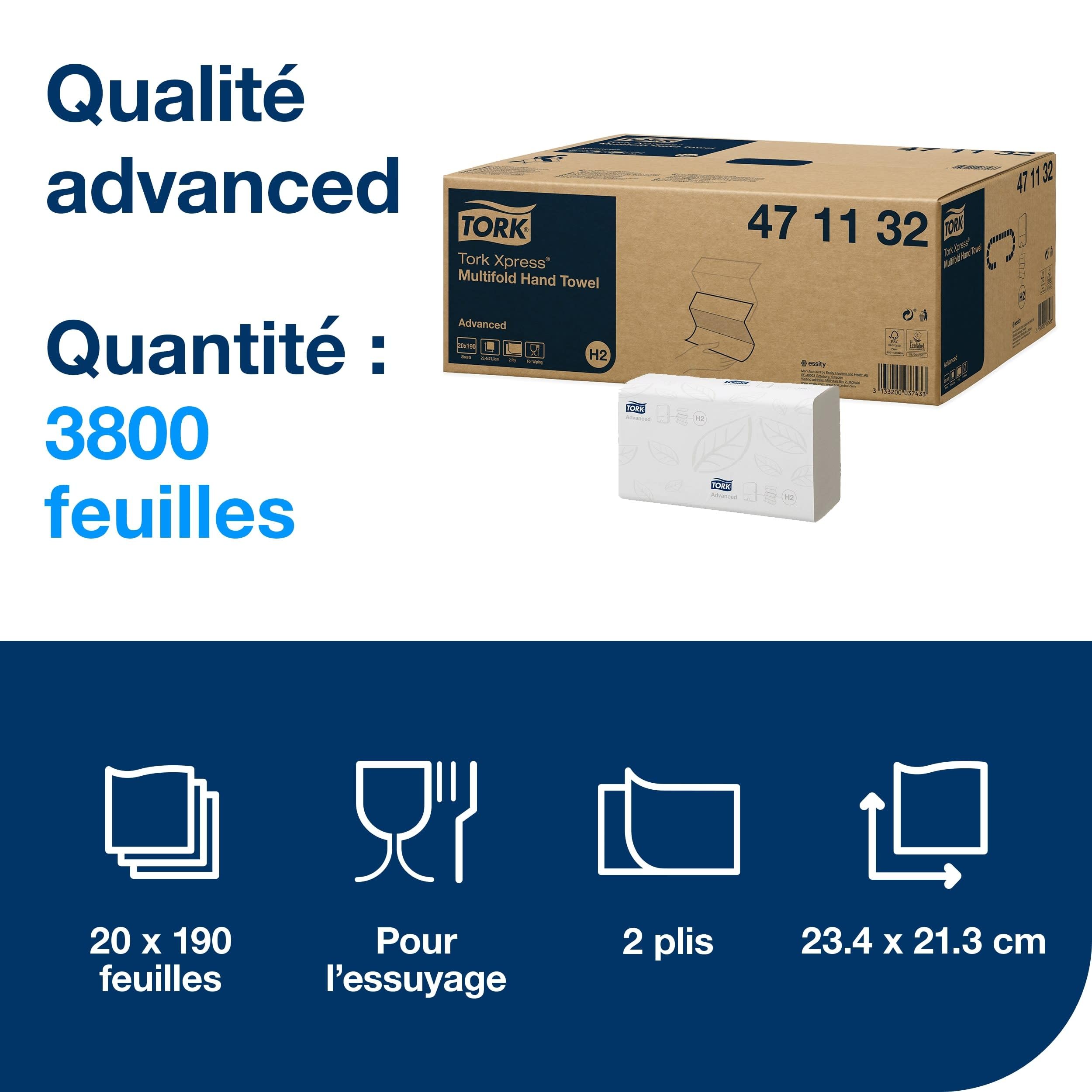Tork Xpress Essuie-mains interfoliés blancs H2, Advanced, 100% fibres recyclées, 20 x 190 feuilles, 471132