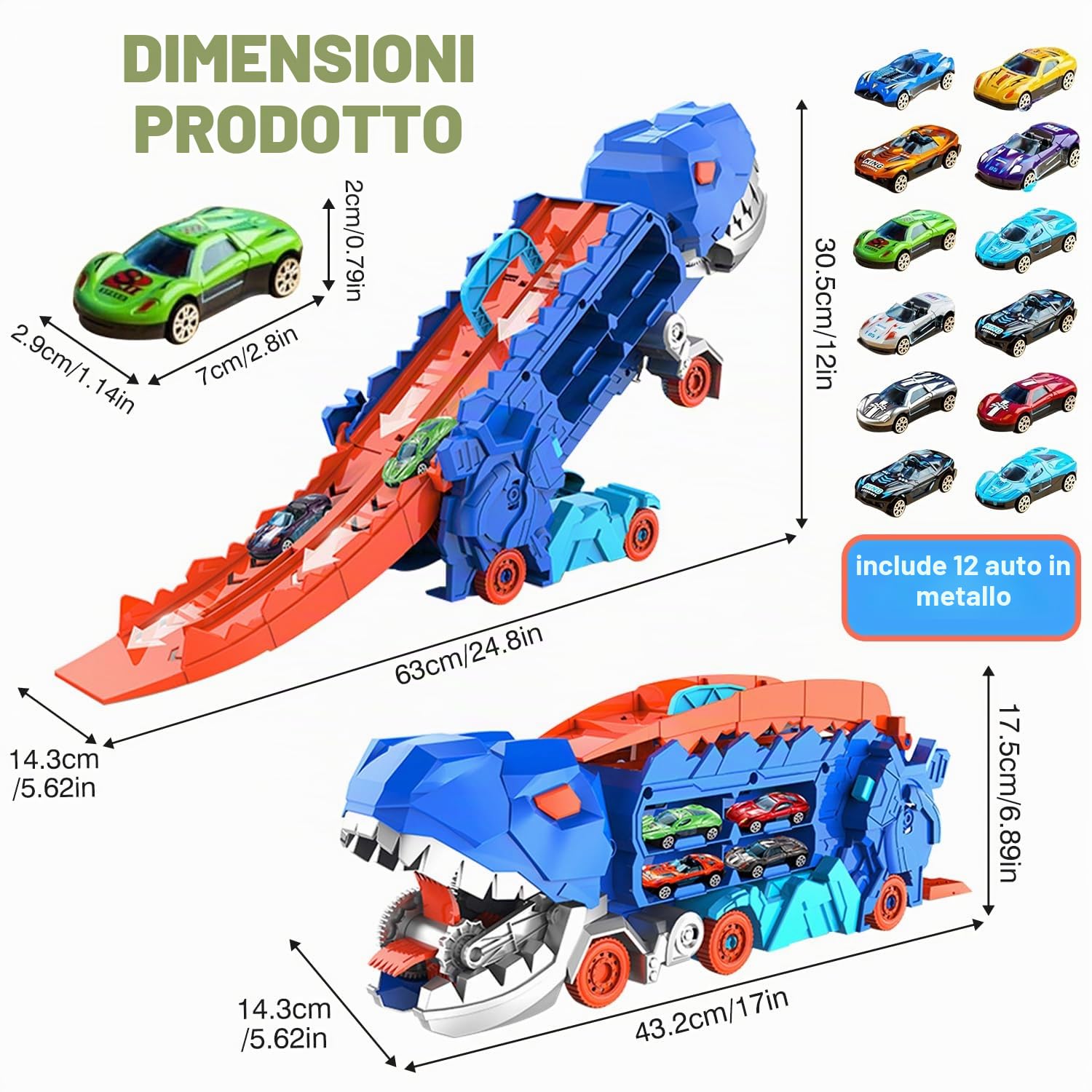 Esteopt Camion Trasporto Giocattolo Auto per Ragazzi Età 3 4 5 6 7, Camion Pista da Corsa Dinosauri Portatile con Set di 12 Dinosauri in Scatola Regalo (Blu)