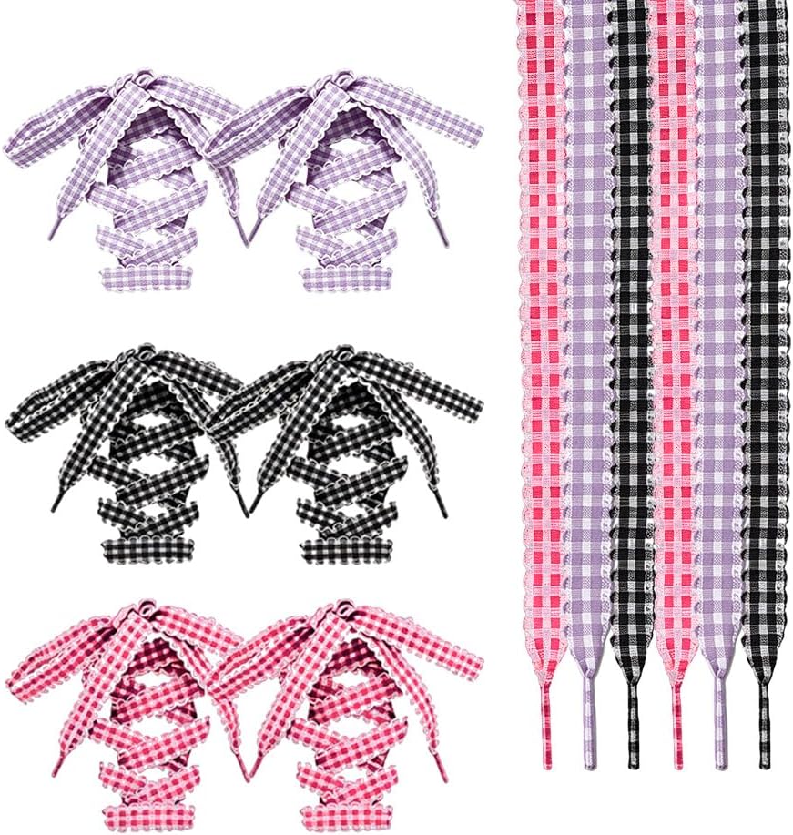 YALLNASL Flat Colorful Plaid Shoelaces Set - Thin Ribbon Gingham Shoe Laces for Women Sneakers Checkered Shoestrings 2 Pairs