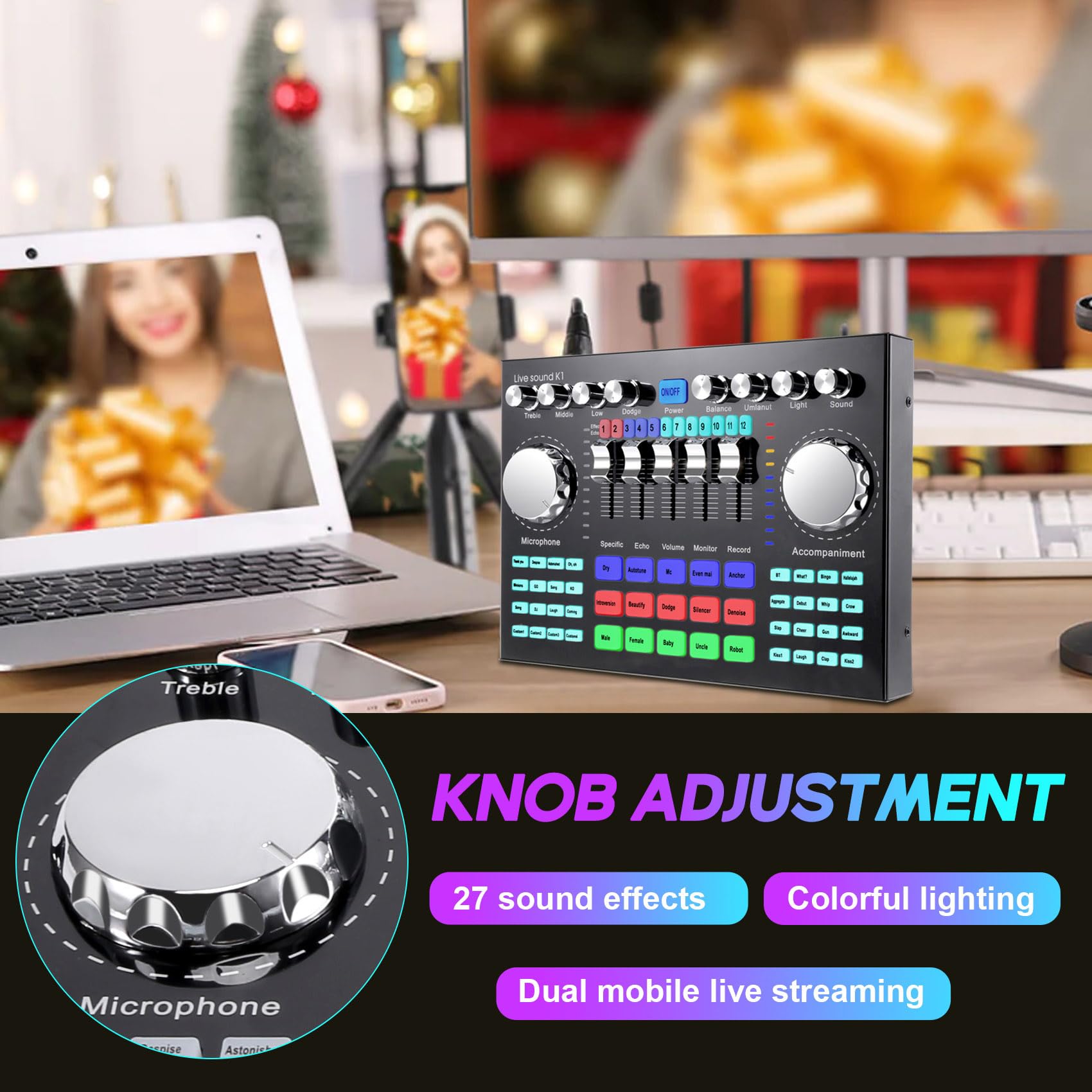 K1 Computer Phone Voice Changer HiFi Live Sound Card Mixer Board Streaming Audio Bluetooth 5.0 Universale